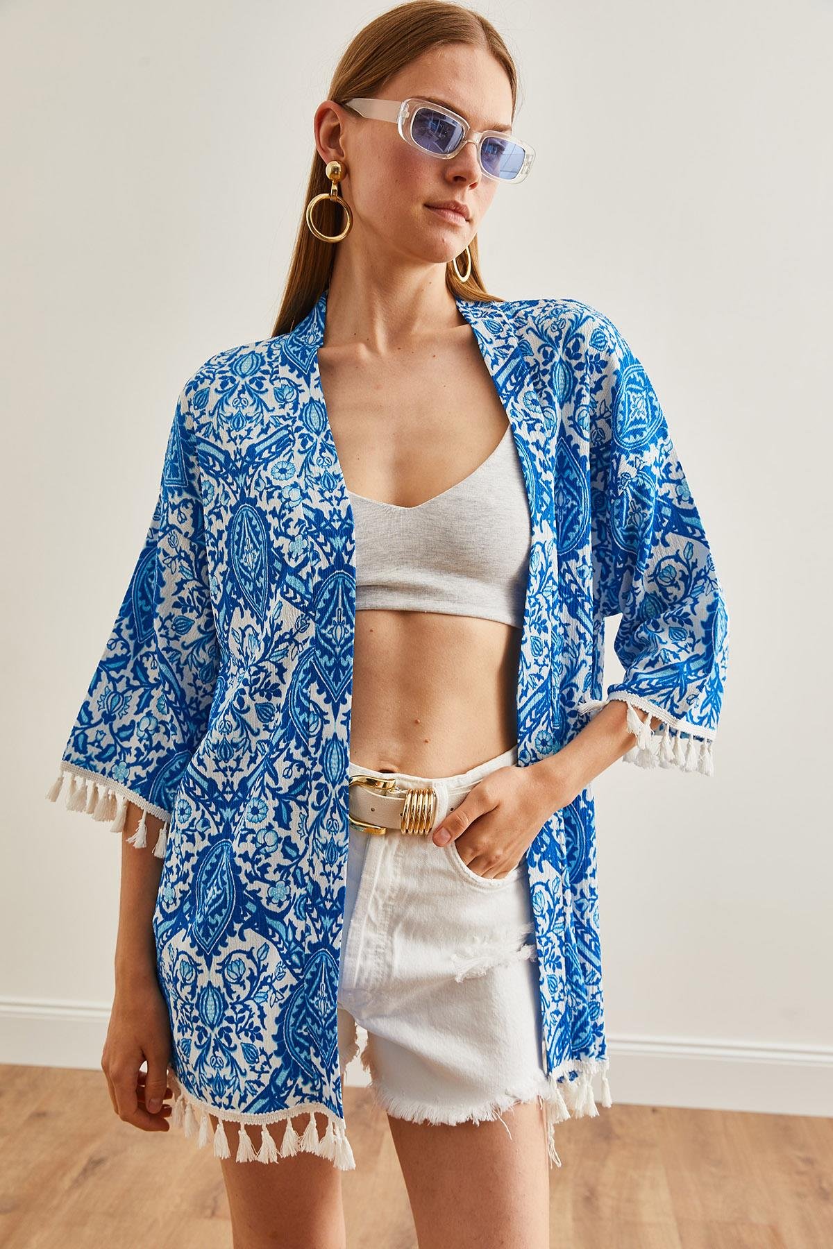 Püsküllü Salaş Örme Kimono Şal Mavi