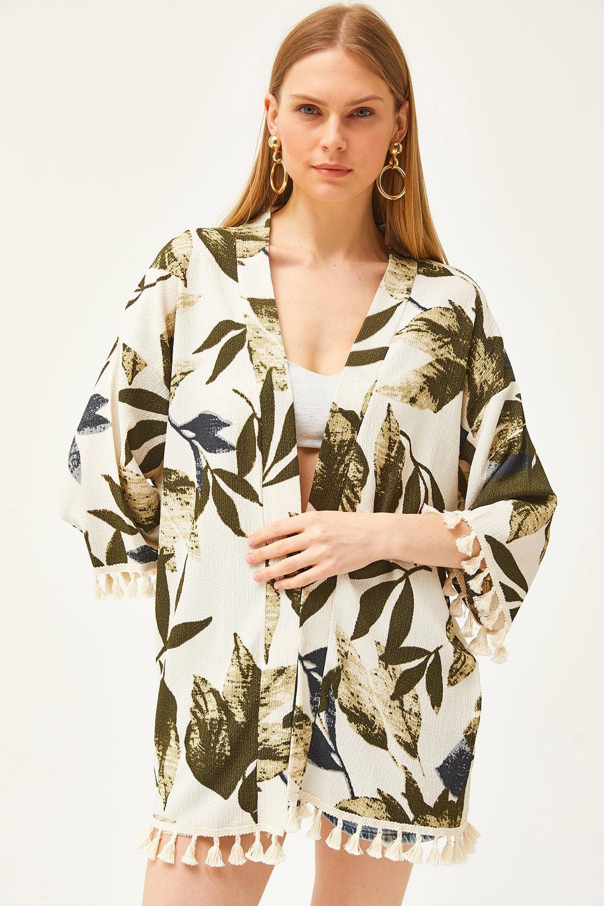Püsküllü Salaş Örme Kimono Taş Yeşil