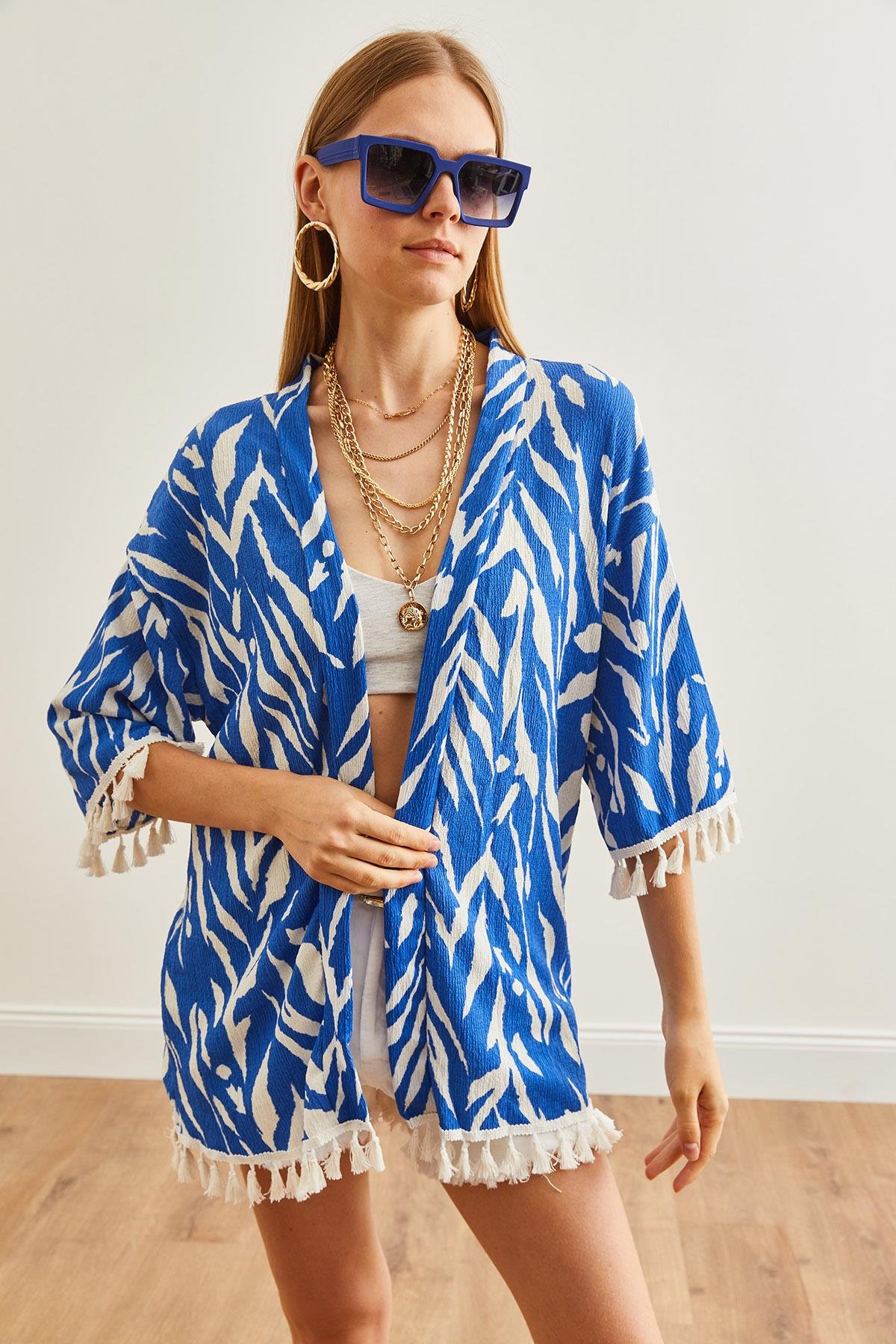 Püsküllü Salaş Örme Kimono Zebra Mavi