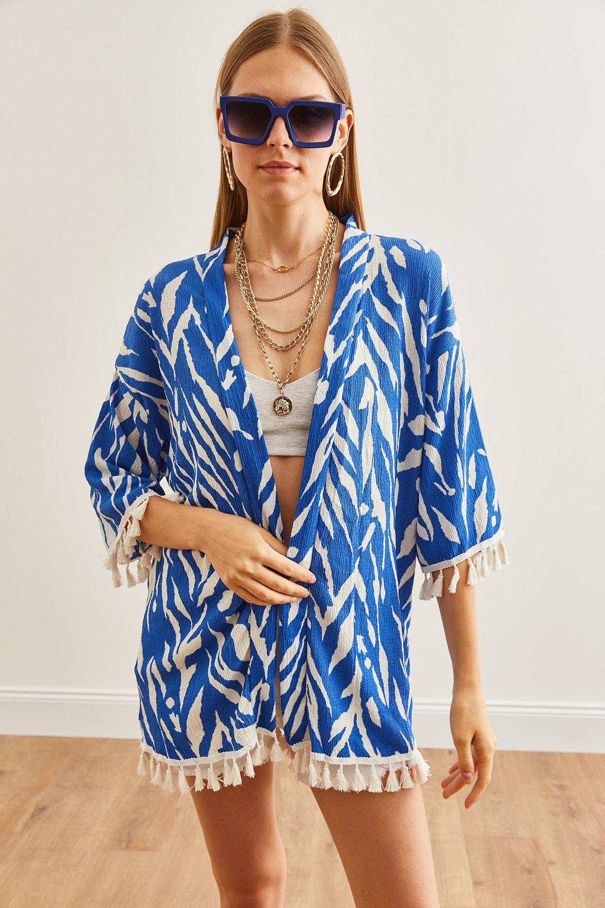 Püsküllü Salaş Örme Kimono Zebra Mavi