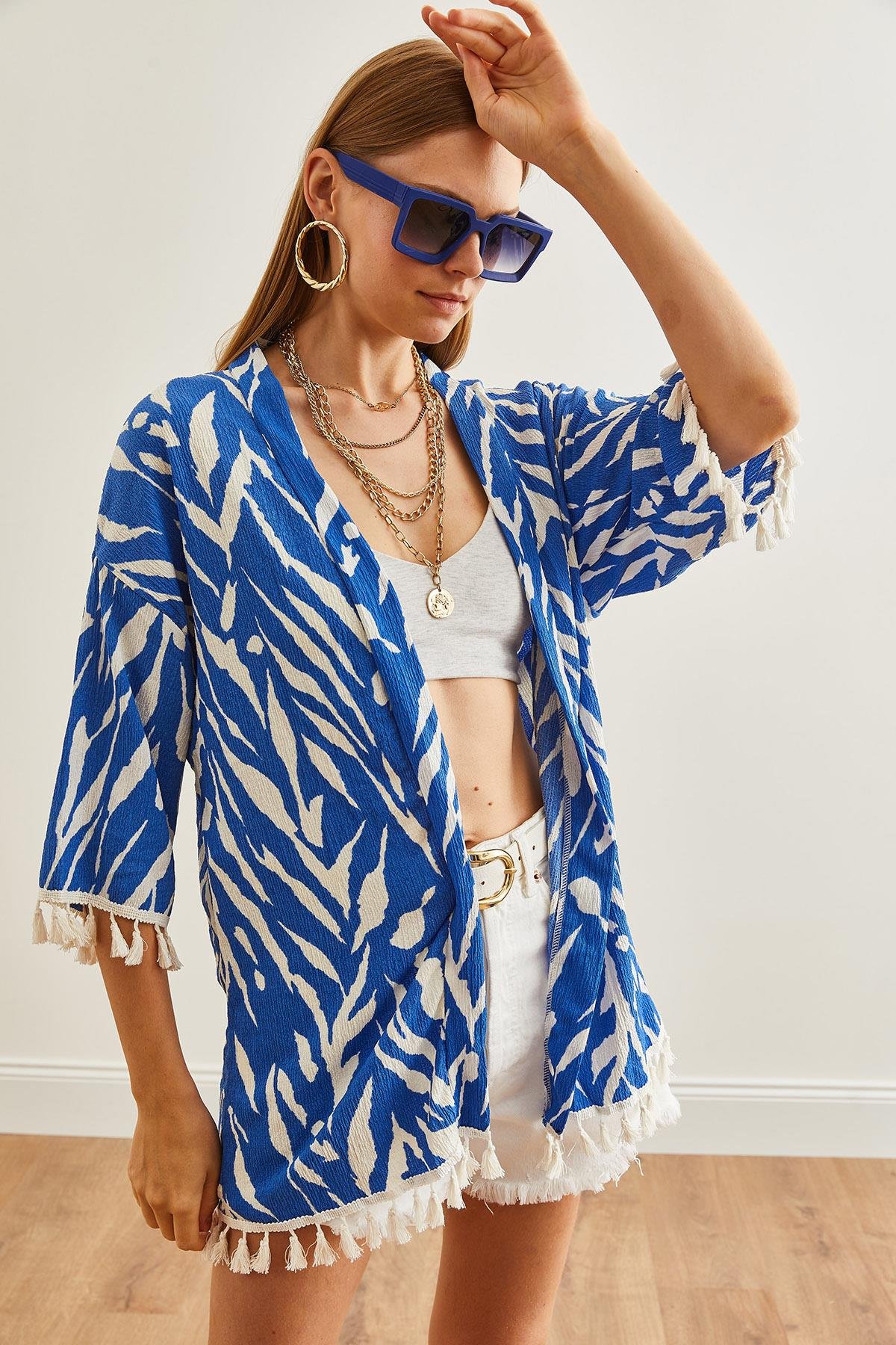 Püsküllü Salaş Örme Kimono Zebra Mavi