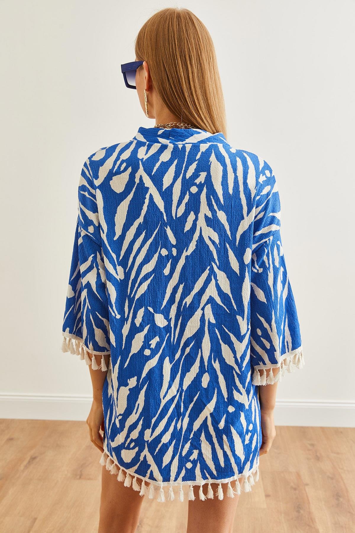 Püsküllü Salaş Örme Kimono Zebra Mavi