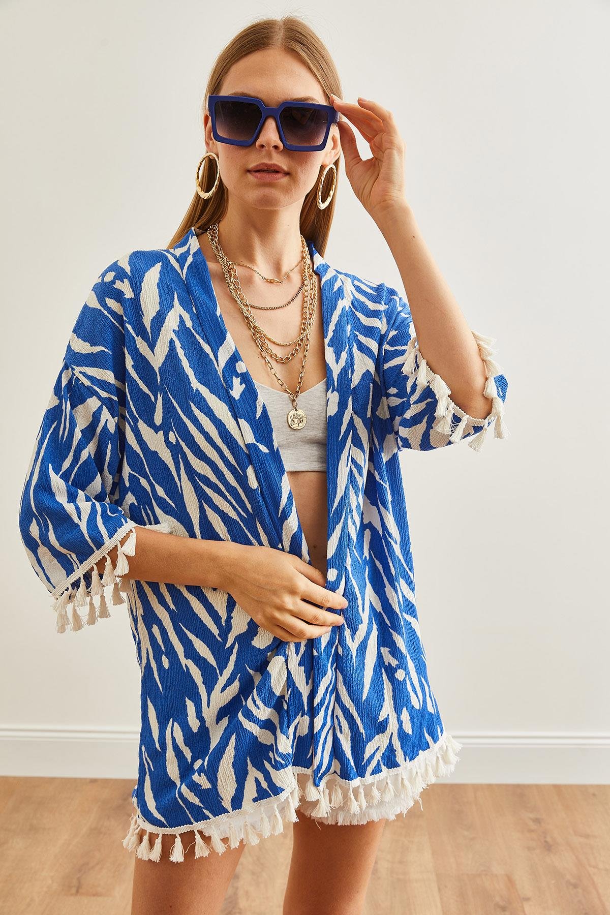 Püsküllü Salaş Örme Kimono Zebra Mavi