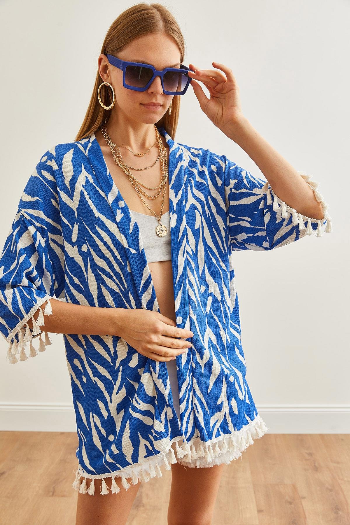 Püsküllü Salaş Örme Kimono Zebra Mavi
