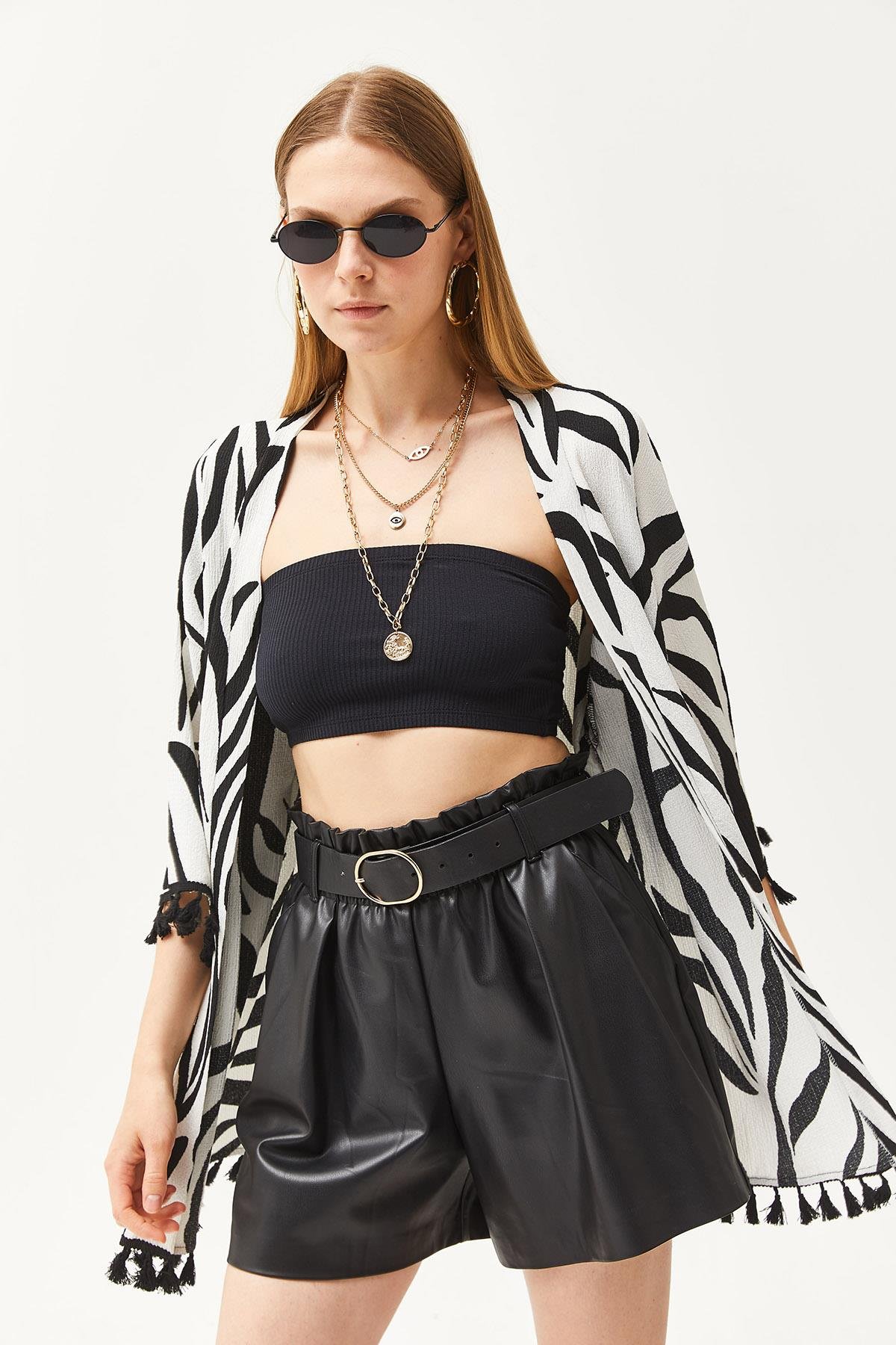 Püsküllü Salaş Örme Kimono Zebra Siyah
