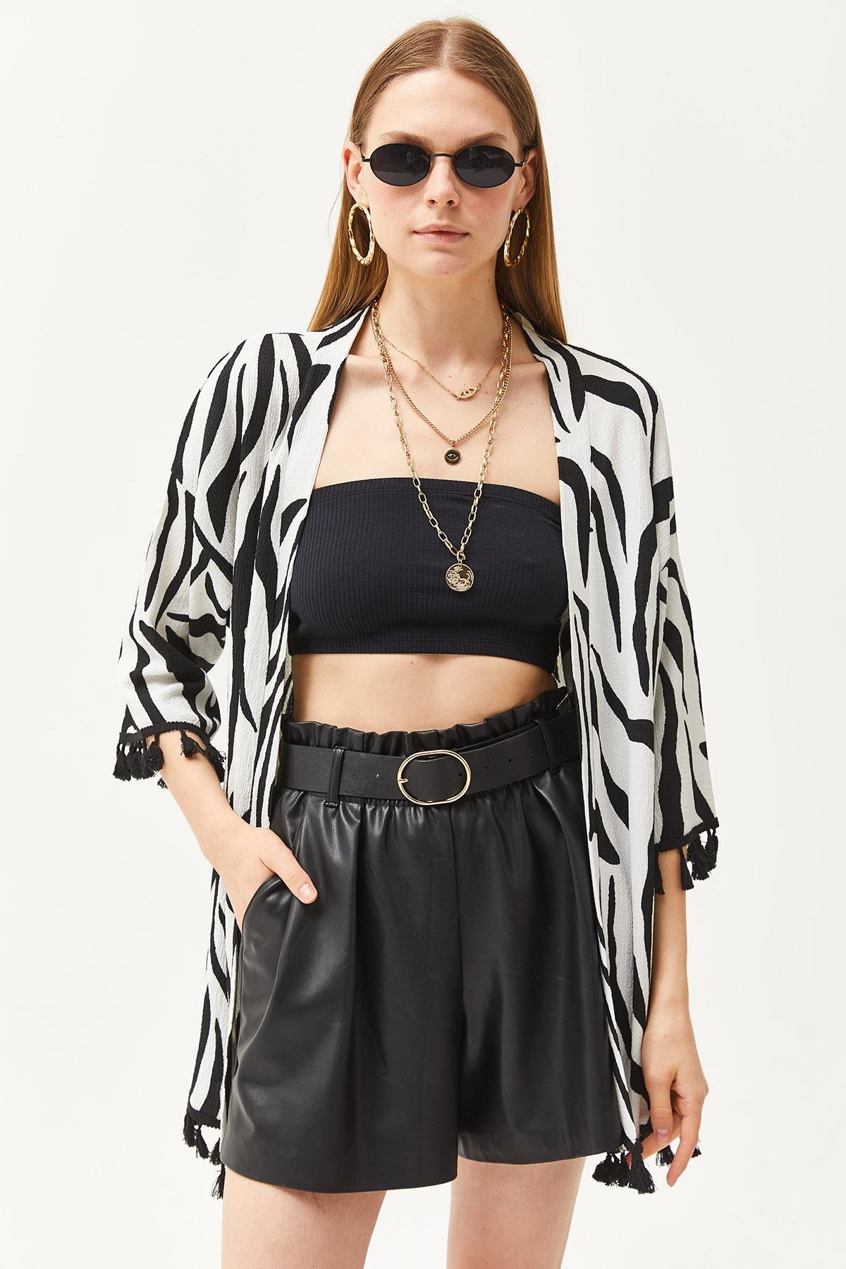 Püsküllü Salaş Örme Kimono Zebra Siyah