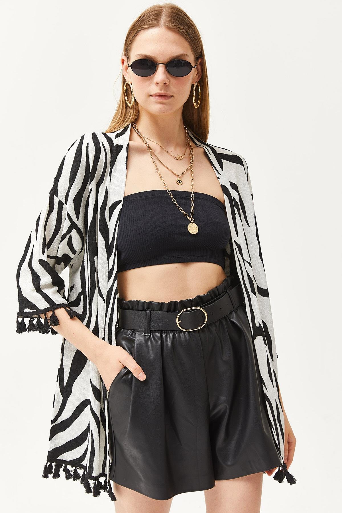 Püsküllü Salaş Örme Kimono Zebra Siyah