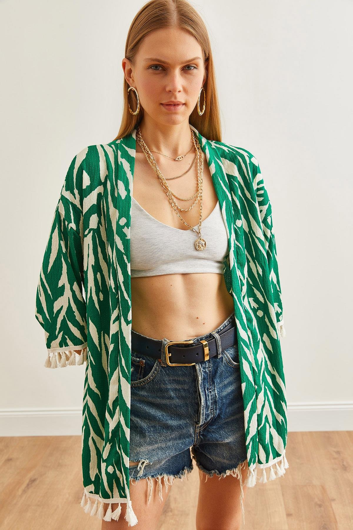 Püsküllü Salaş Örme Kimono Zebra Yeşil