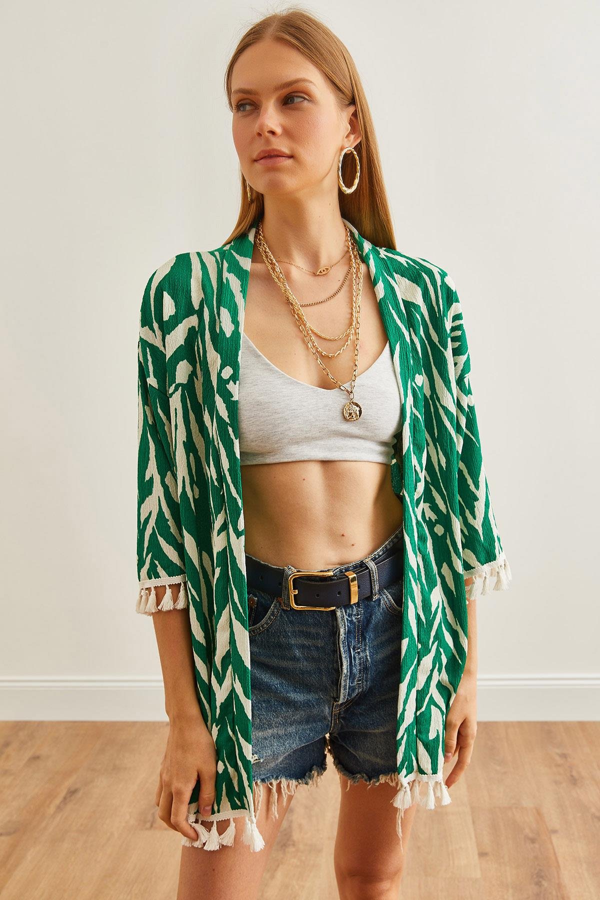 Püsküllü Salaş Örme Kimono Zebra Yeşil