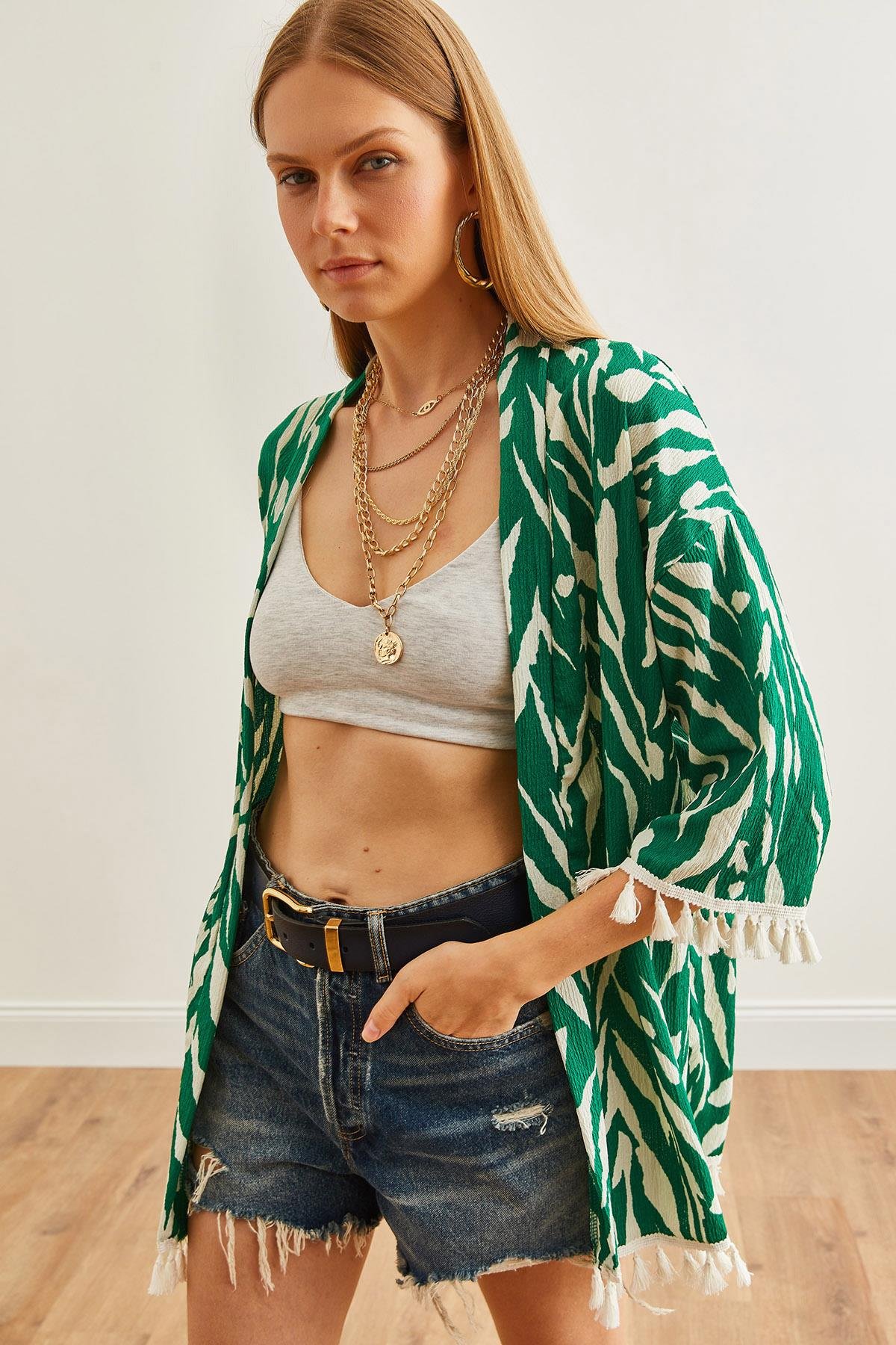 Püsküllü Salaş Örme Kimono Zebra Yeşil