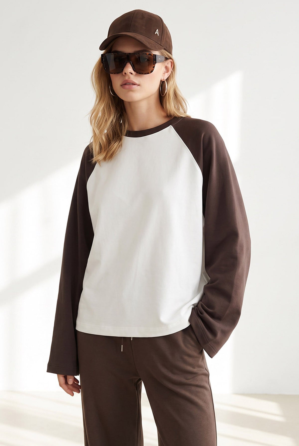 Reglan Kol Bisiklet Yaka Sweatshirt Kahverengi