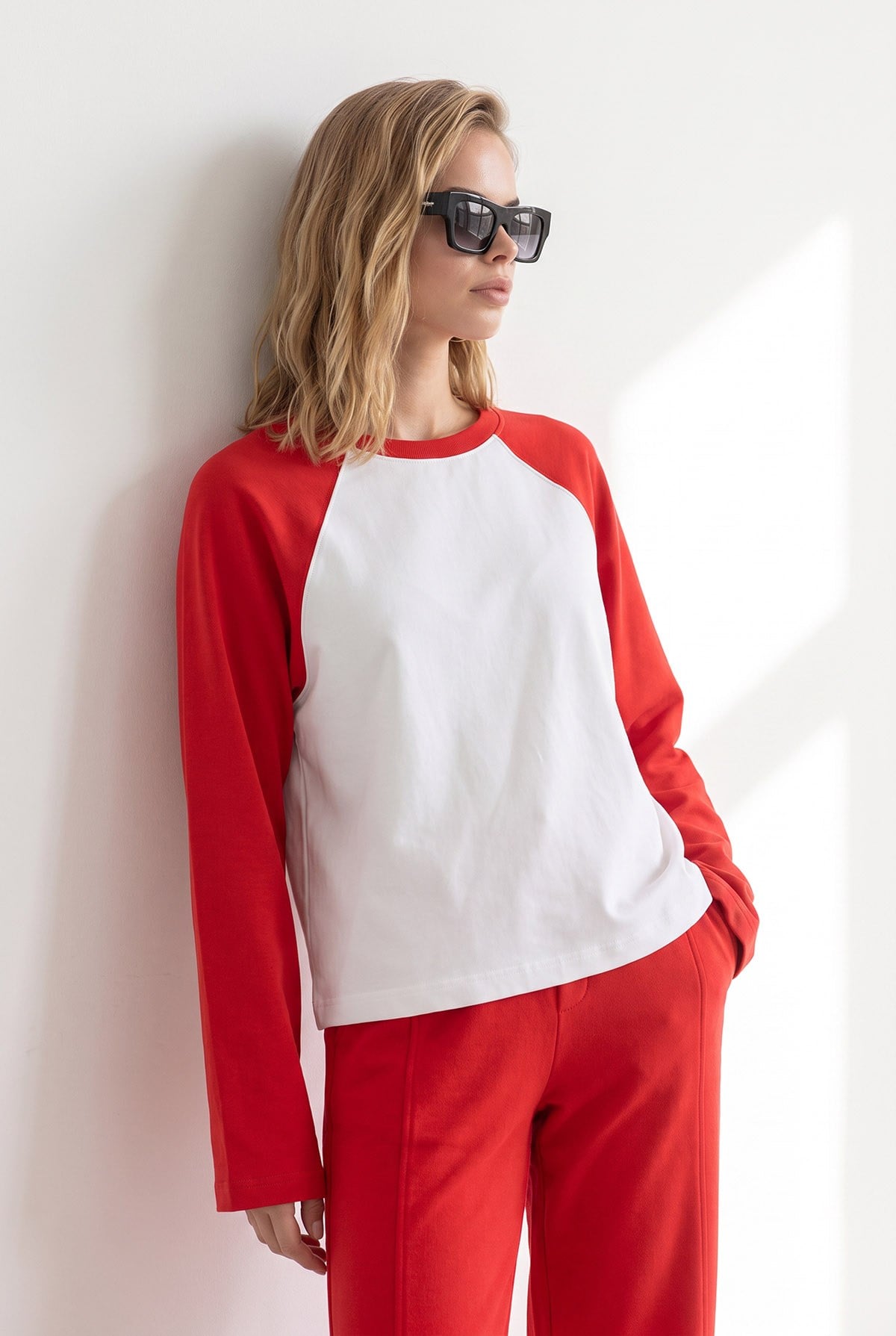 Reglan Kol Bisiklet Yaka Sweatshirt Kırmızı