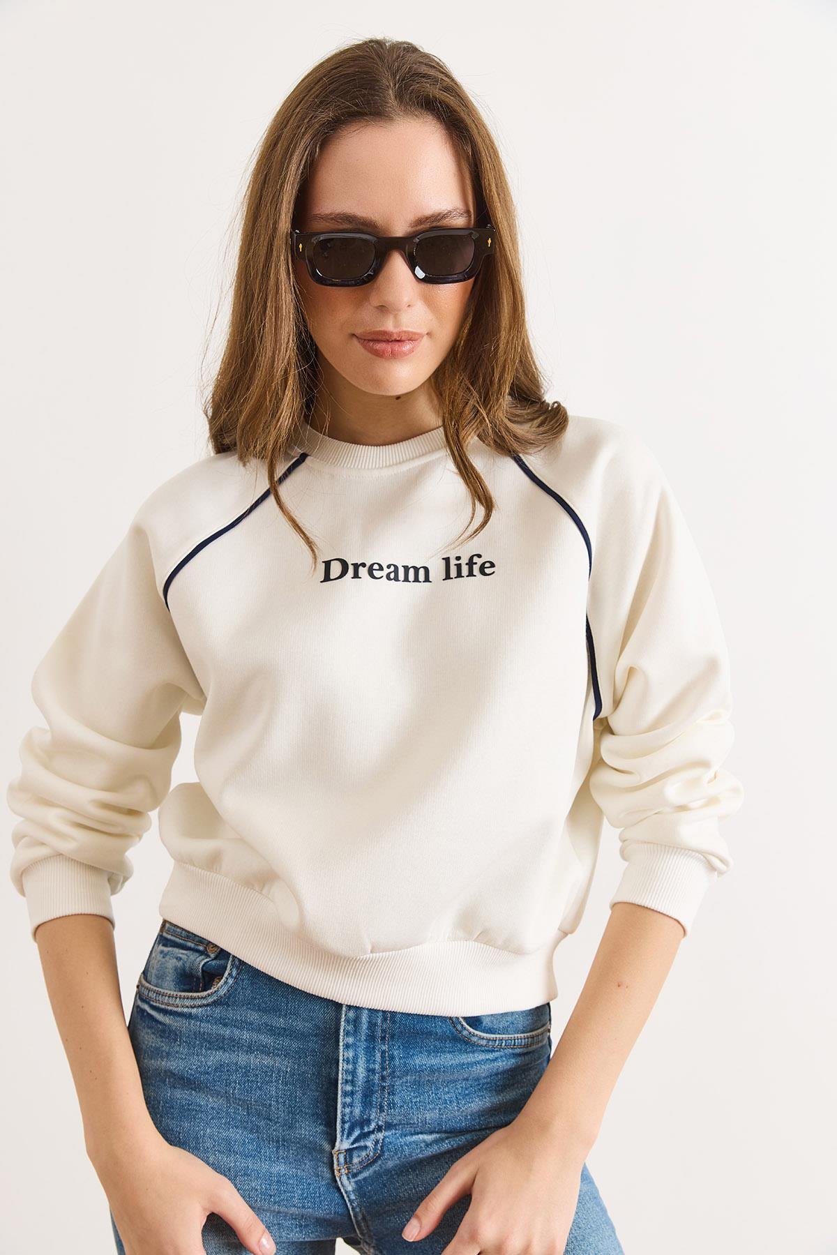 Reglan Kol Biye Detaylı Şardonlu Sweatshirt Beyaz