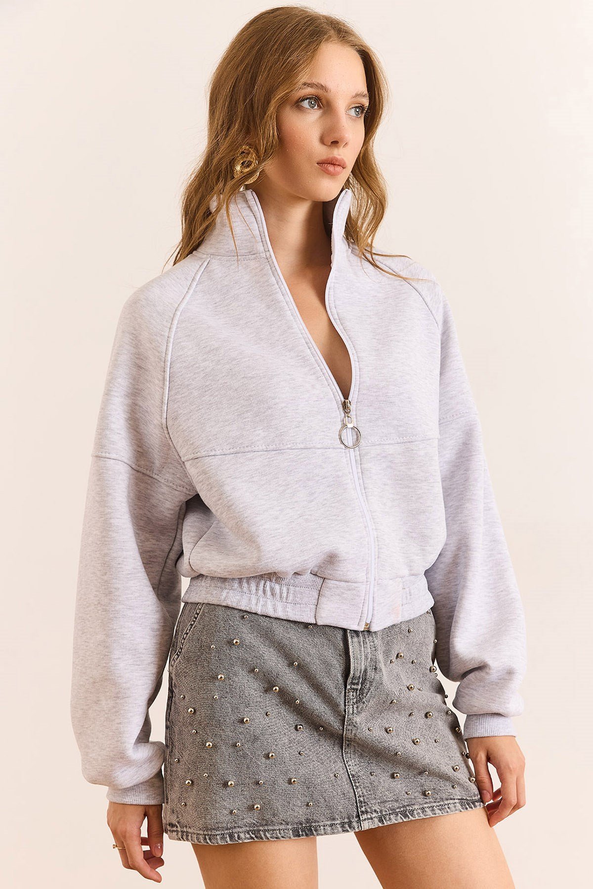 Reglan Kol Fermuarlı Şardonlu Kalın Crop Sweatshirt Gri Melanj