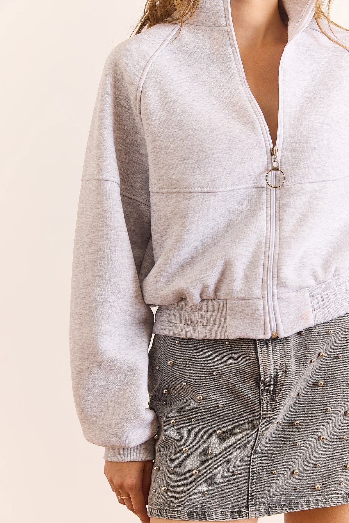 Reglan Kol Fermuarlı Şardonlu Kalın Crop Sweatshirt Gri Melanj