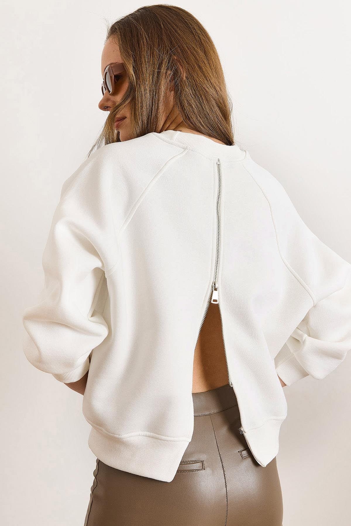 Reglan Kol Sırtı Fermuarlı Şardonlu Sweatshirt Ekru