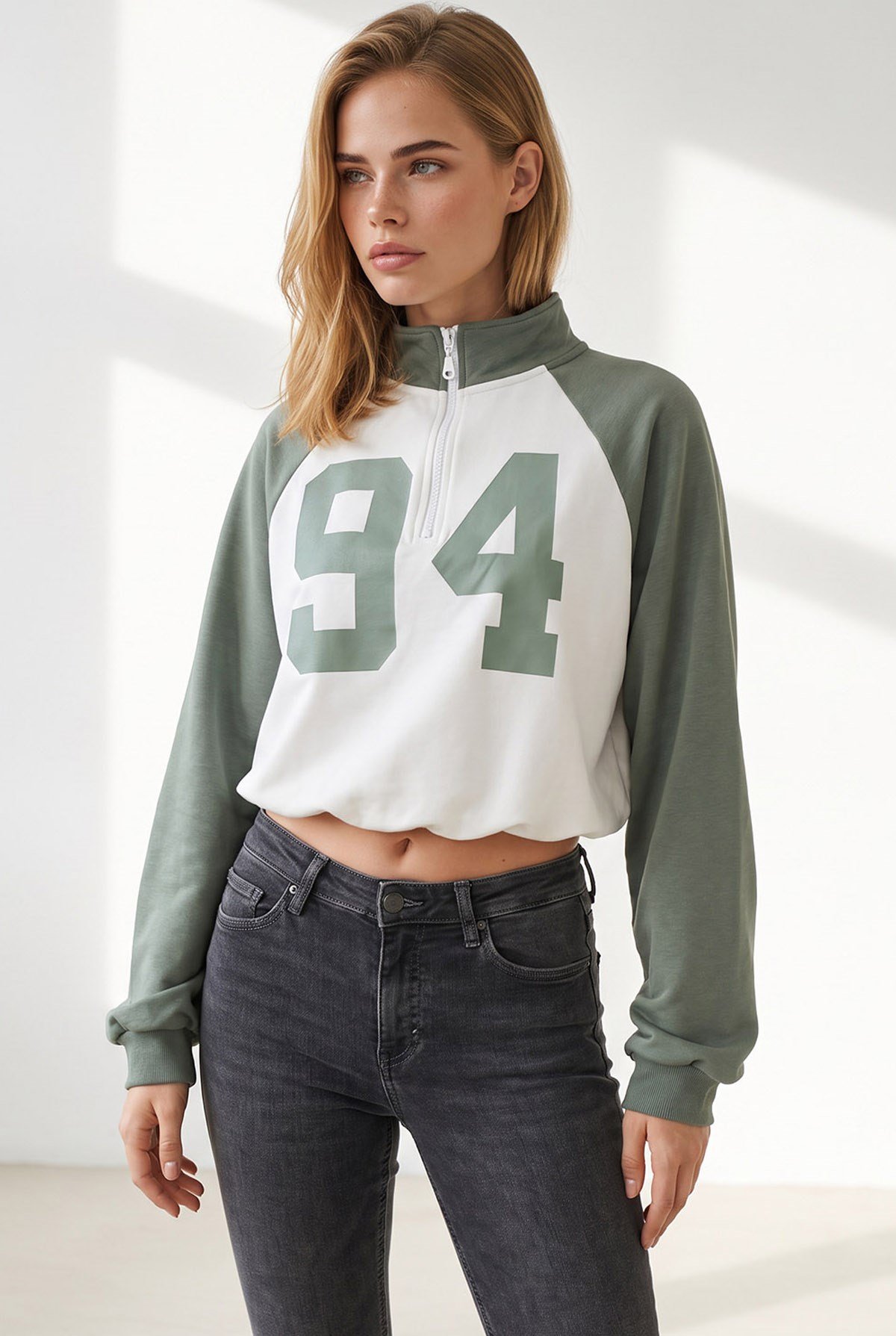 Reglan Kol Yarım Fermuarlı Dökümlü Sweatshirt Haki