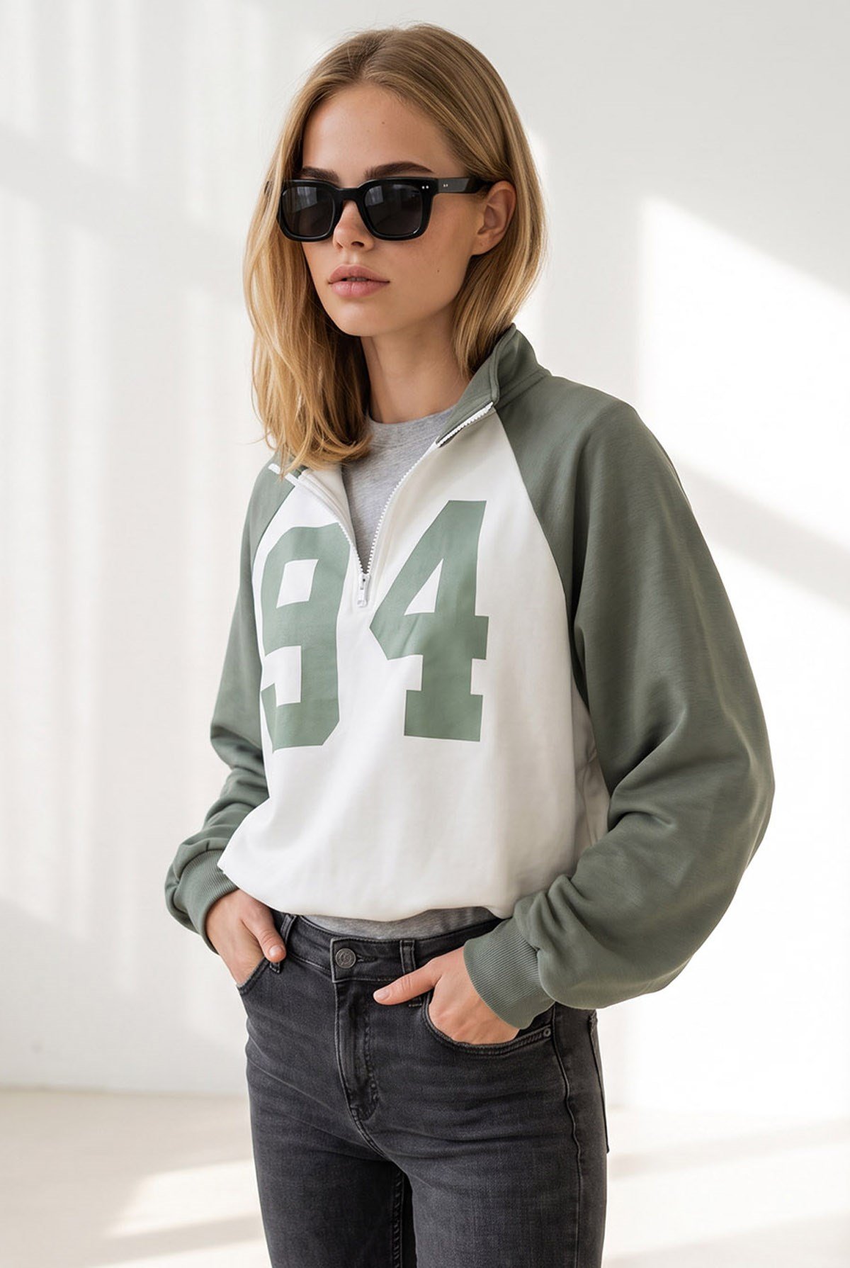 Reglan Kol Yarım Fermuarlı Dökümlü Sweatshirt Haki