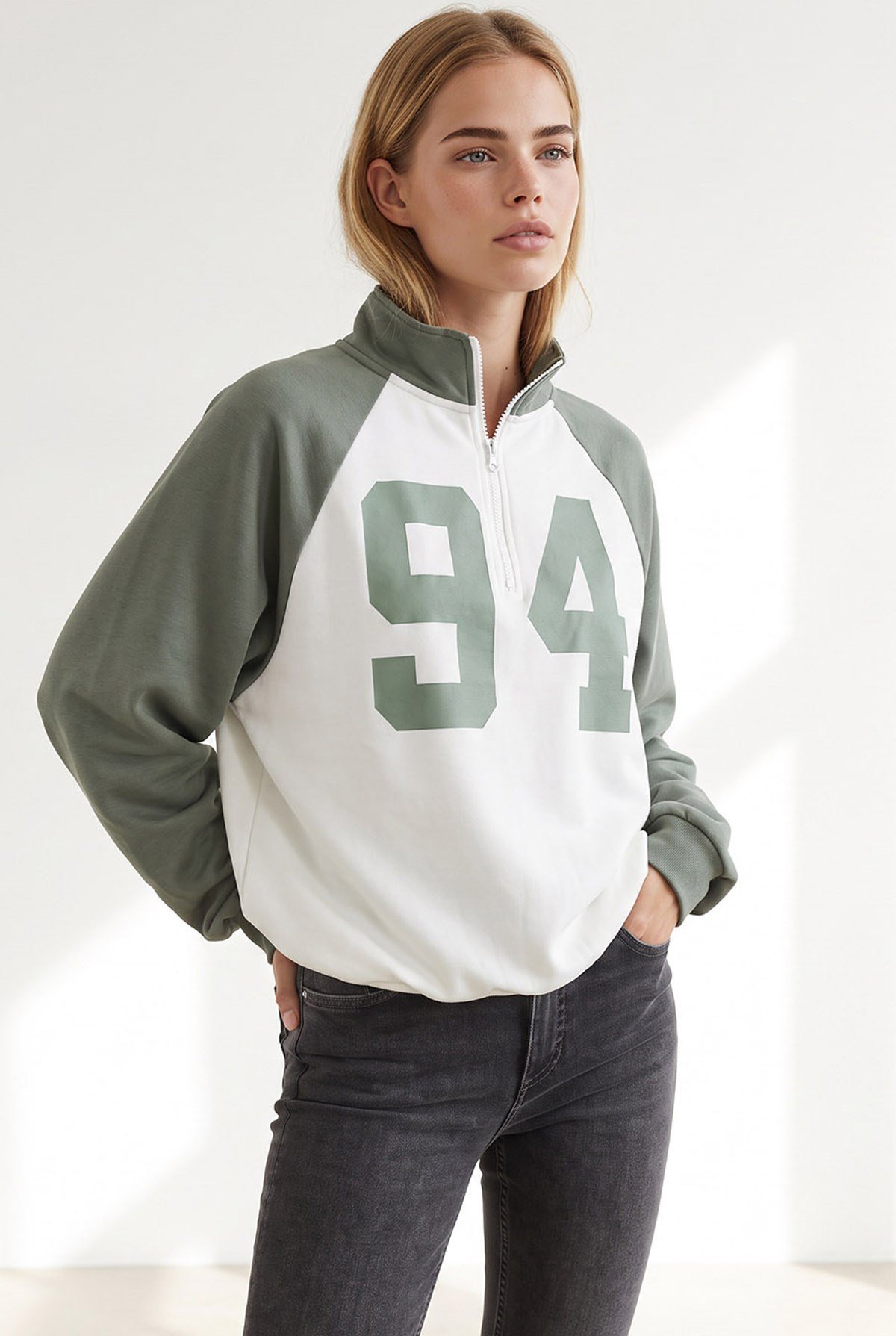 Reglan Kol Yarım Fermuarlı Dökümlü Sweatshirt Haki