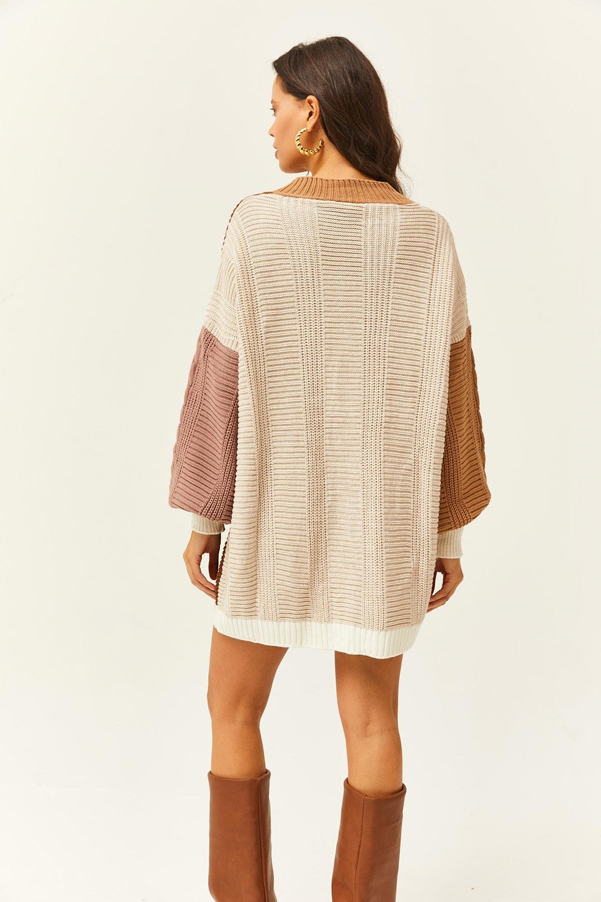 Renk Bloklu Oversize Uzun Triko Hırka Camel