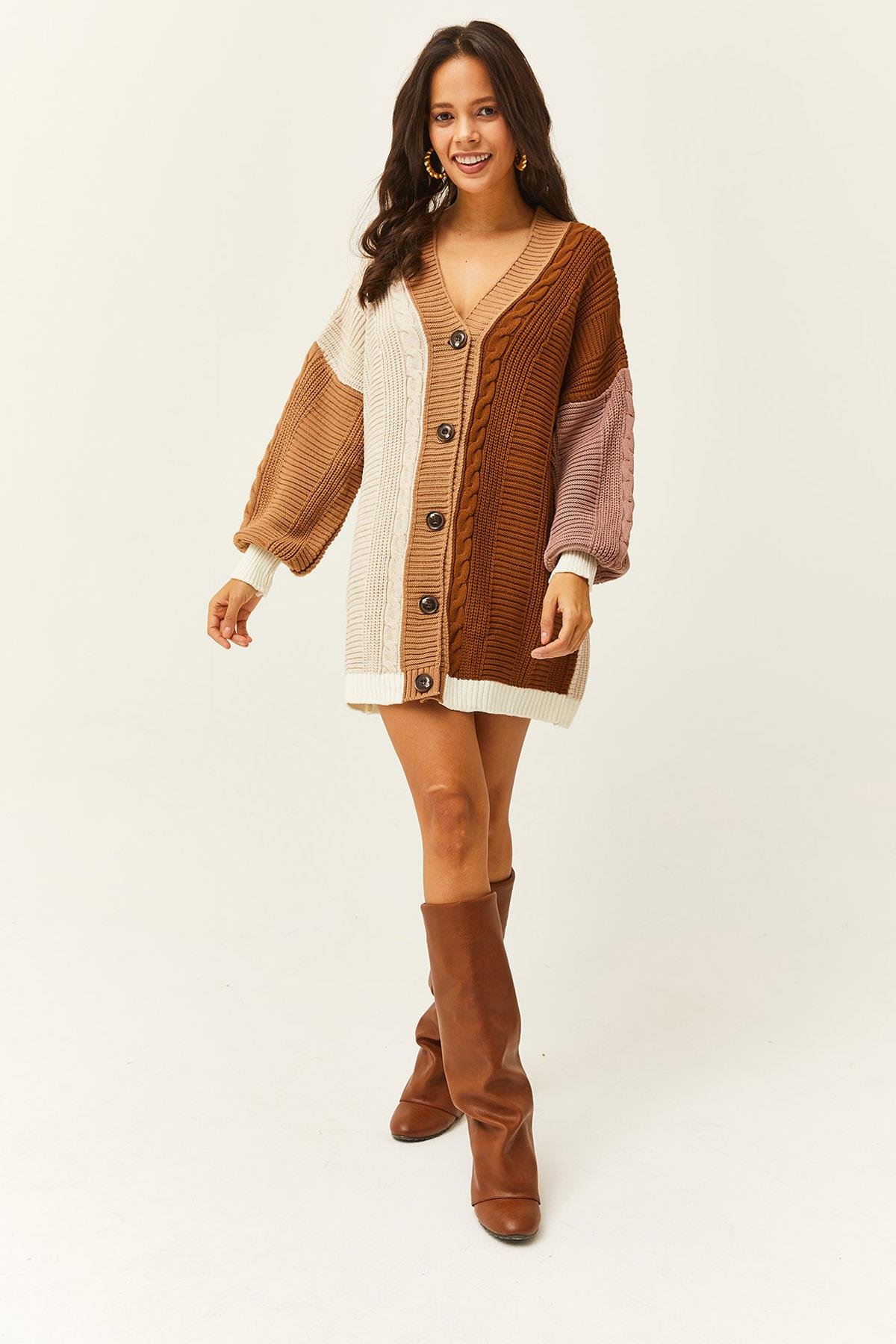 Renk Bloklu Oversize Uzun Triko Hırka Camel