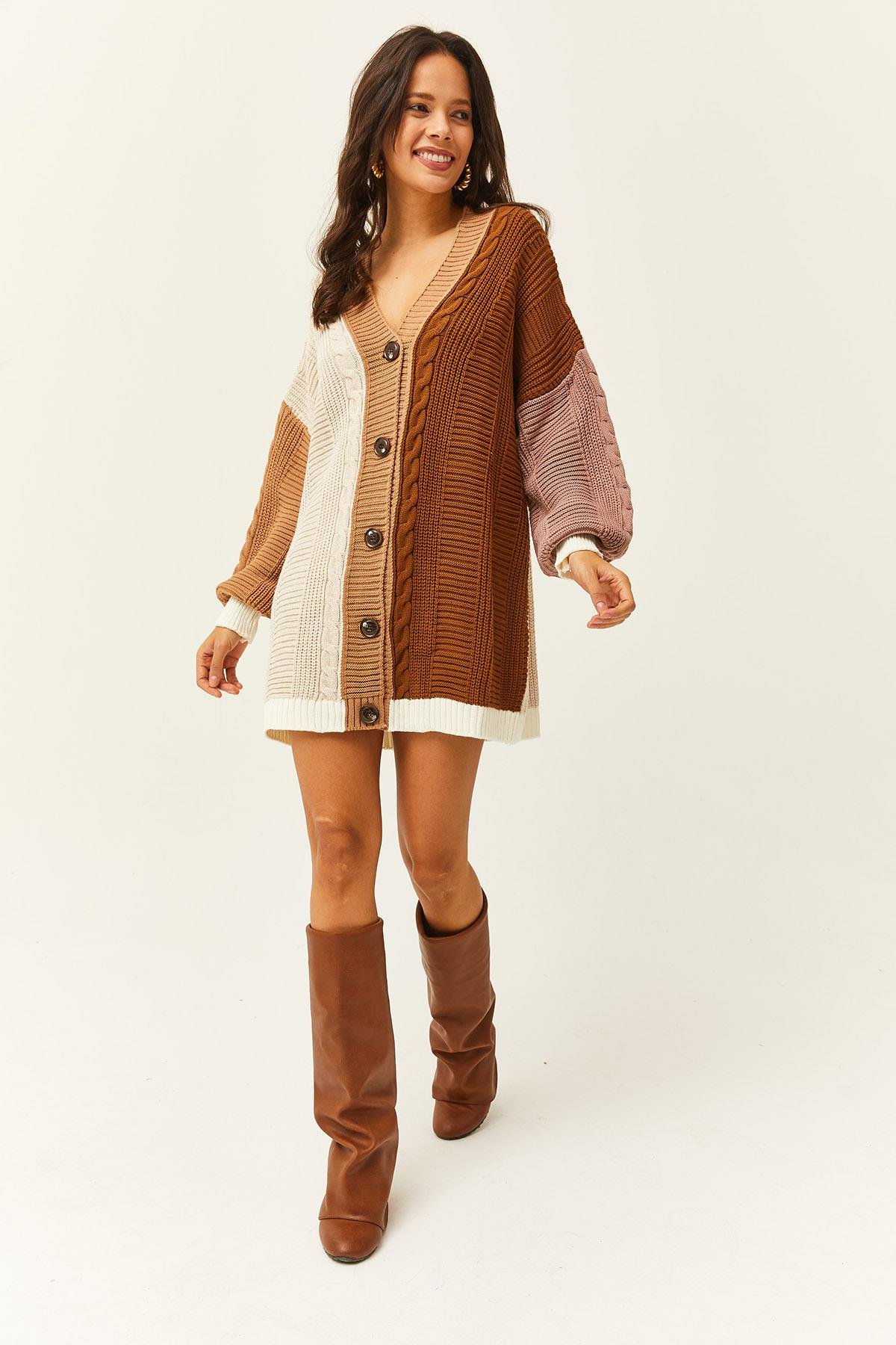Renk Bloklu Oversize Uzun Triko Hırka Camel