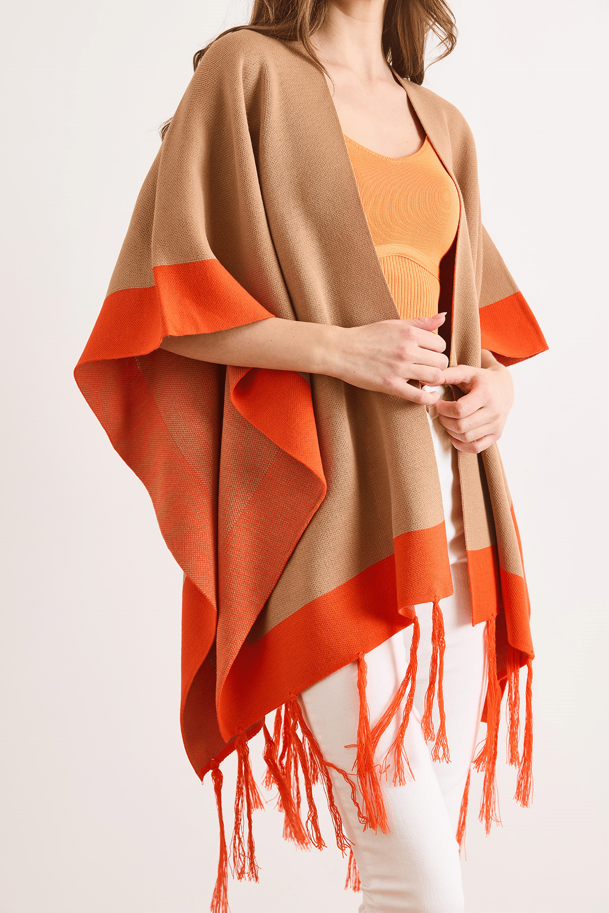 Renk Bloklu Panço Hırka Camel