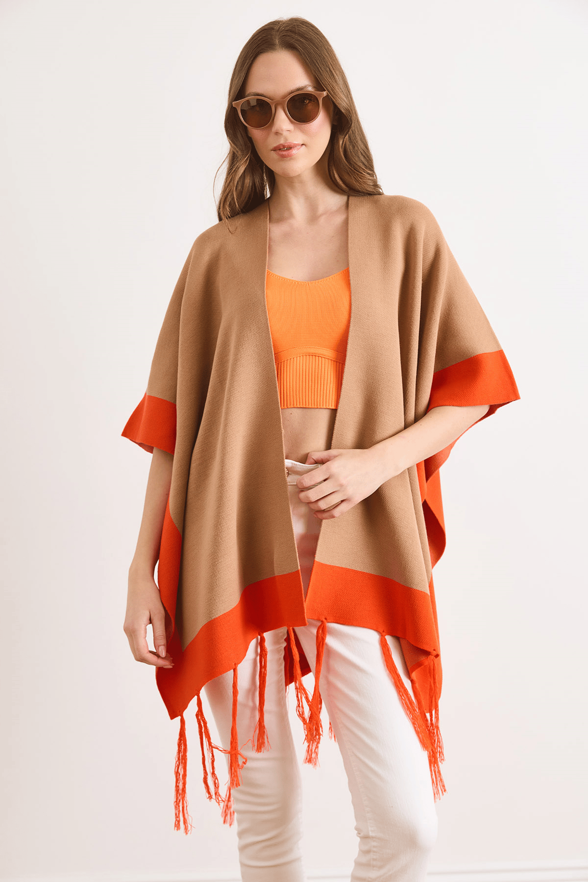 Renk Bloklu Panço Hırka Camel