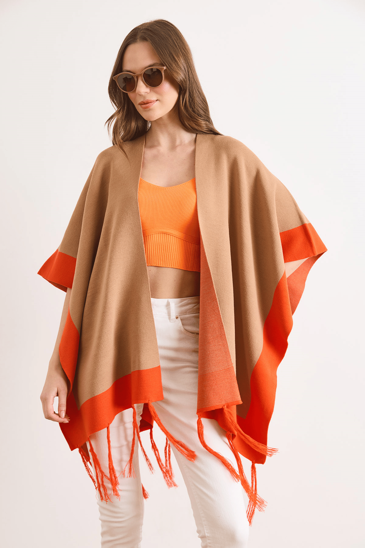 Renk Bloklu Panço Hırka Camel