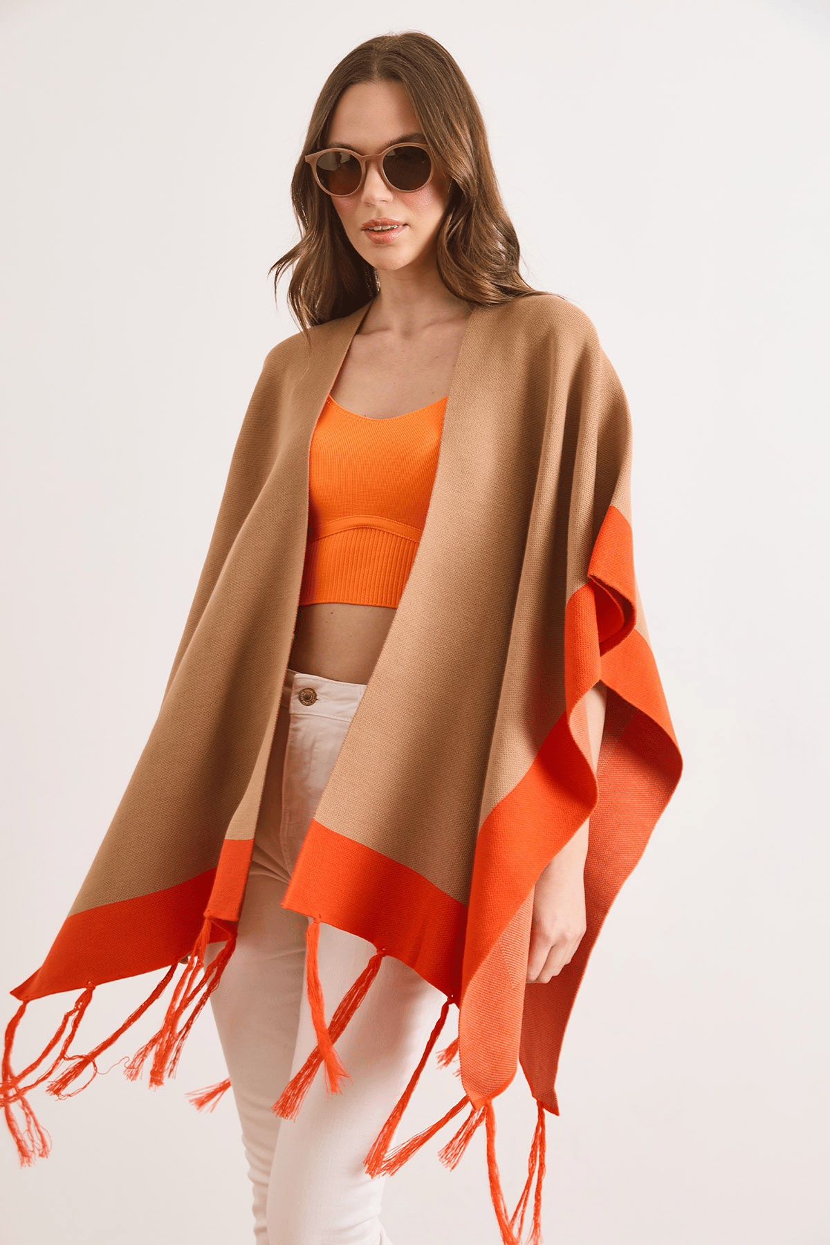 Renk Bloklu Panço Hırka Camel