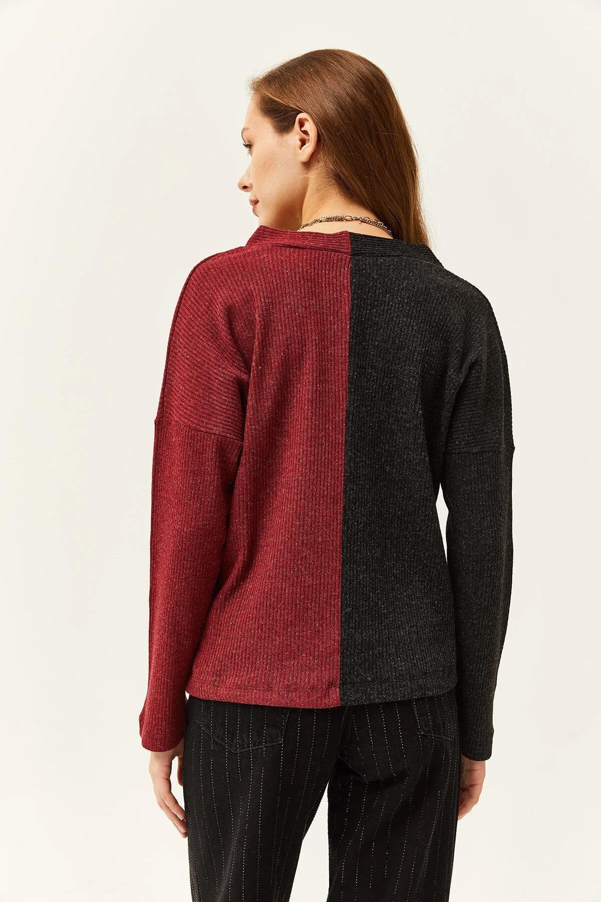 Renk Bloklu V Yaka Fitilli Bluz Bordo Siyah