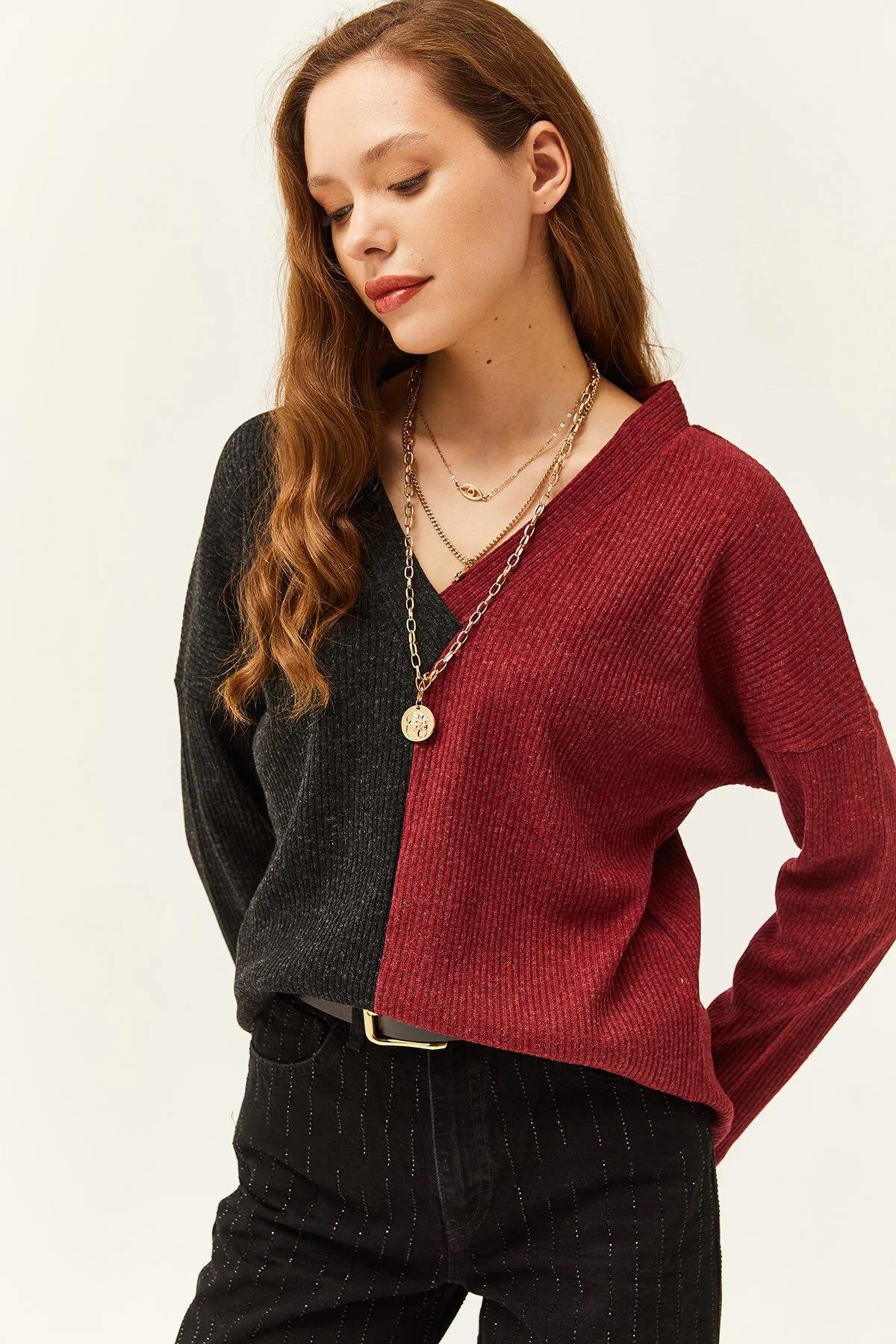 Renk Bloklu V Yaka Fitilli Bluz Bordo Siyah