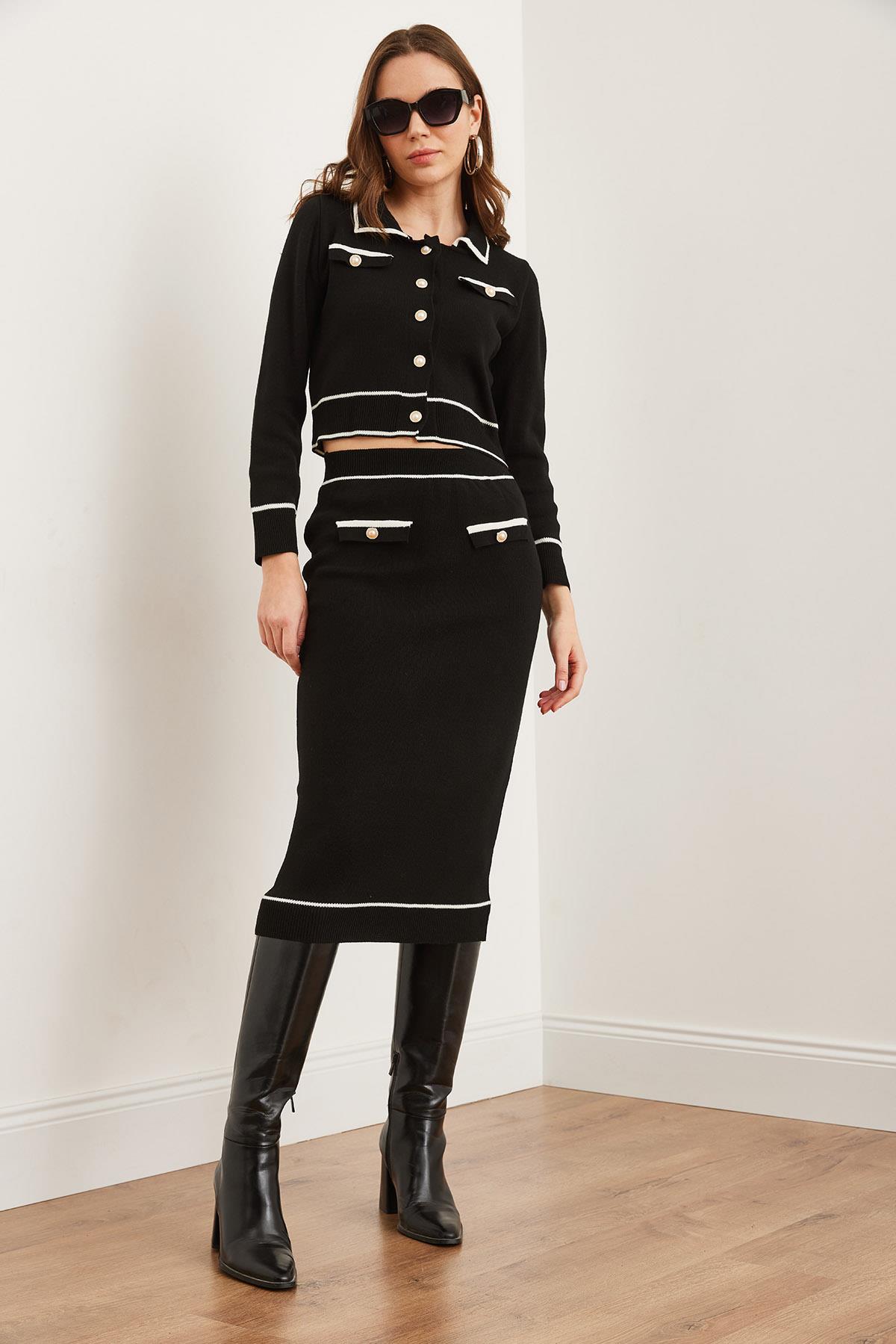 Renk Detaylı Alt Üst Triko Takım Siyah