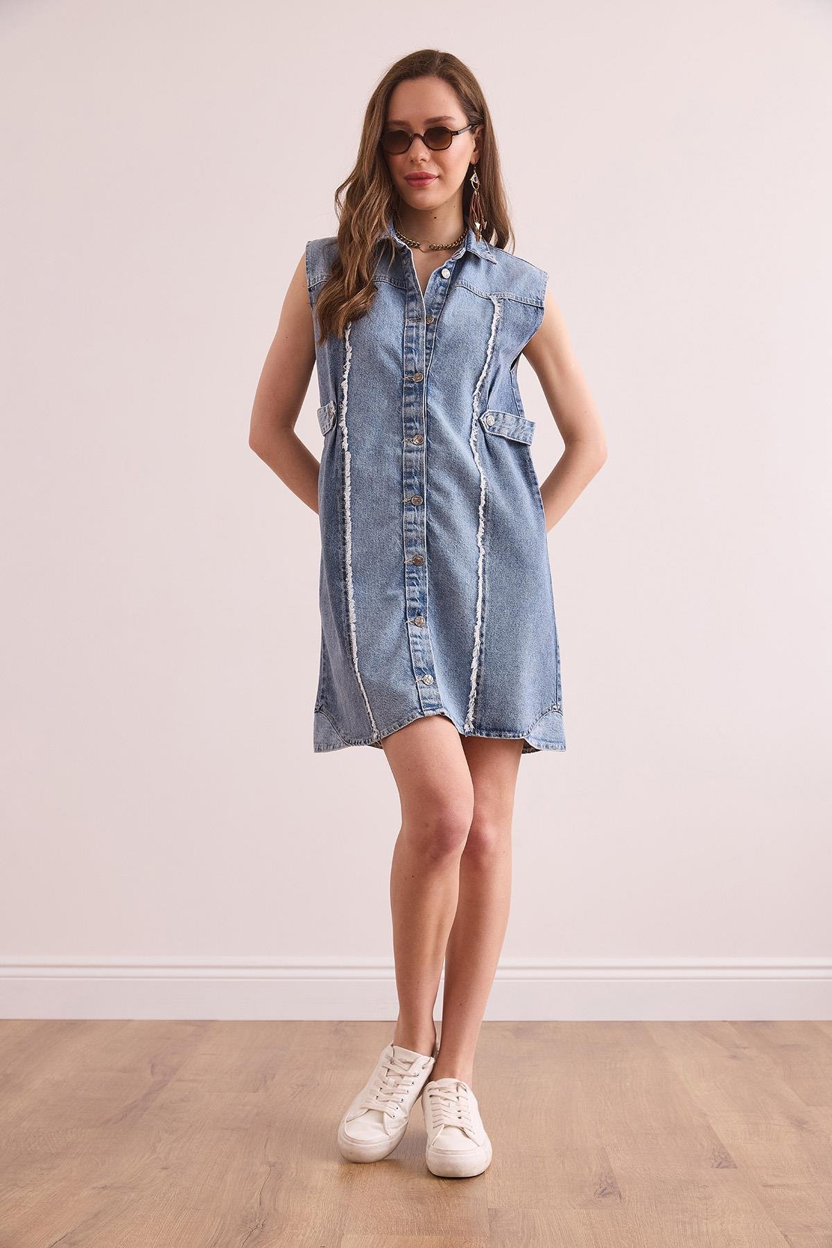 Renk Detaylı Denim Mini Gömlek Elbise Mavi