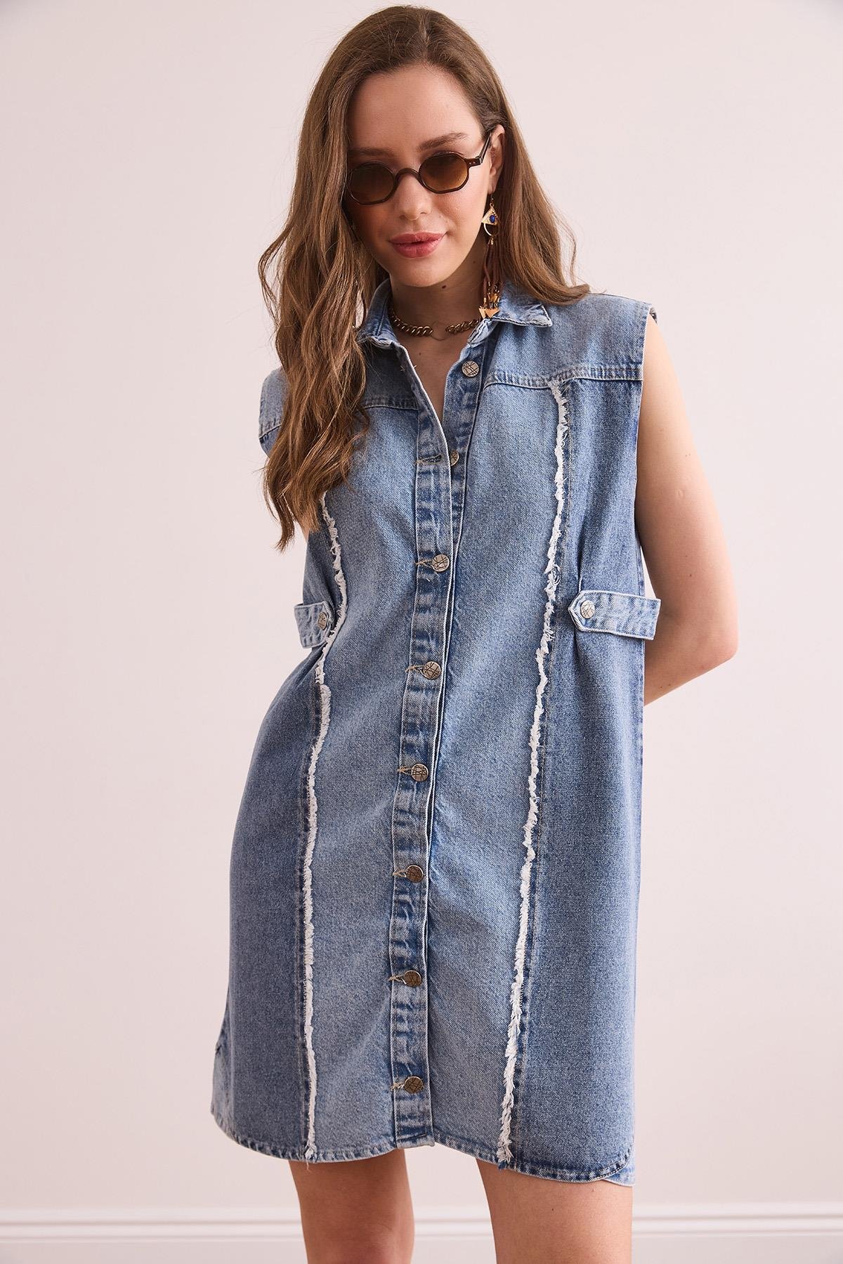 Renk Detaylı Denim Mini Gömlek Elbise Mavi
