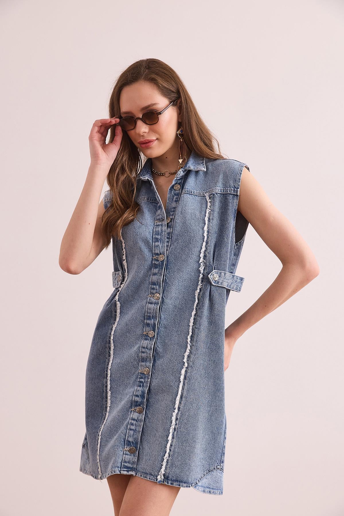 Renk Detaylı Denim Mini Gömlek Elbise Mavi