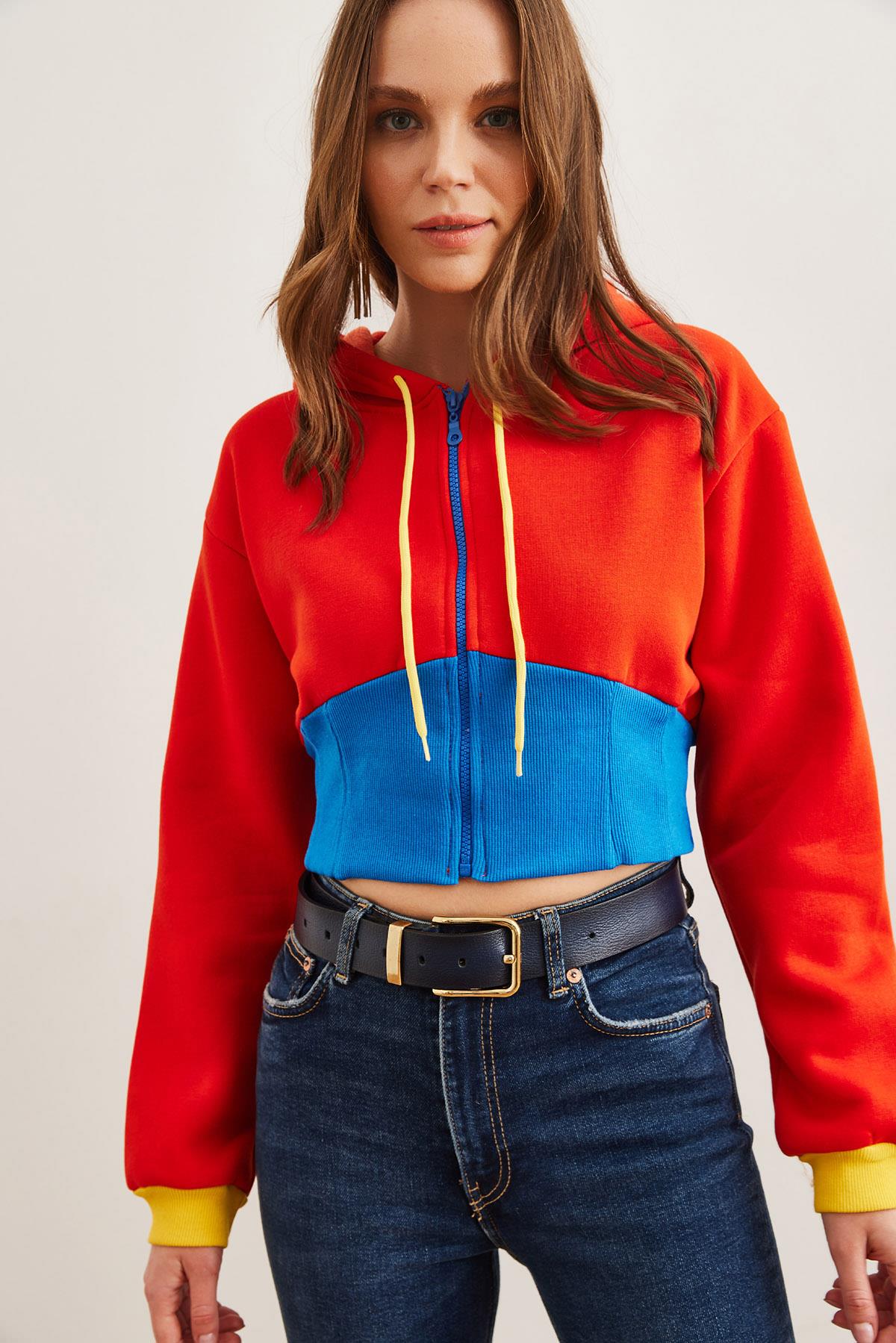Renk Detaylı Şardonlu Fermuarlı Crop Sweatshirt Turuncu Mavi