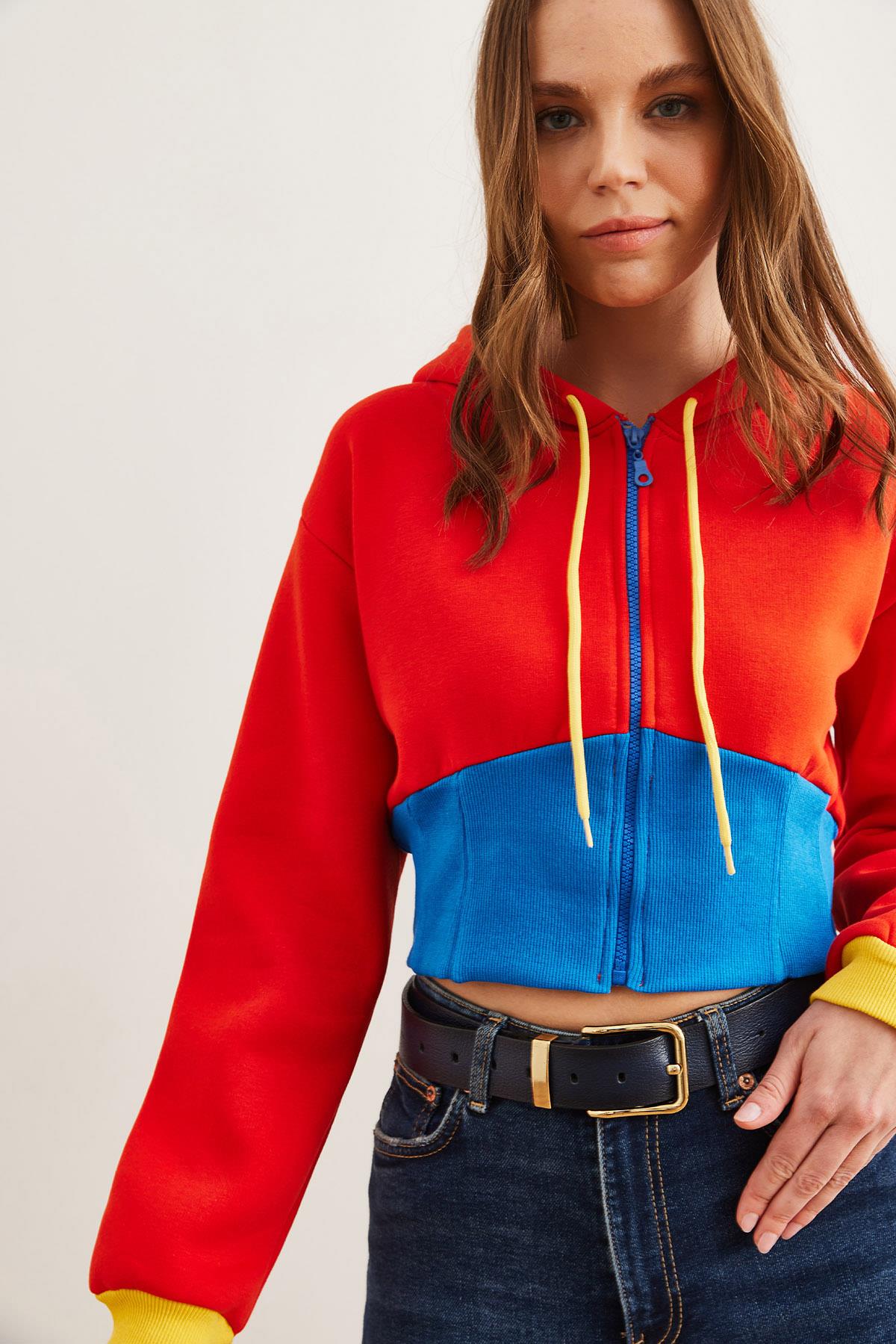 Renk Detaylı Şardonlu Fermuarlı Crop Sweatshirt Turuncu Mavi