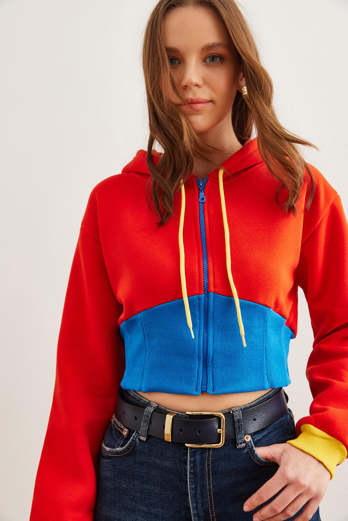 Renk Detaylı Şardonlu Fermuarlı Crop Sweatshirt Turuncu Mavi