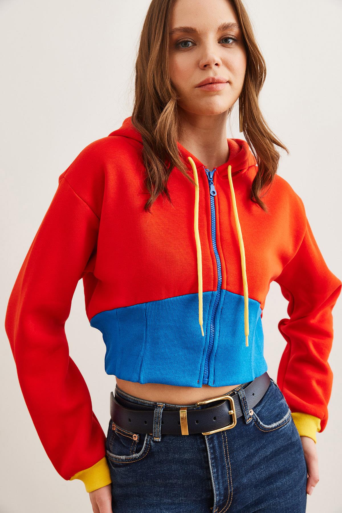 Renk Detaylı Şardonlu Fermuarlı Crop Sweatshirt Turuncu Mavi