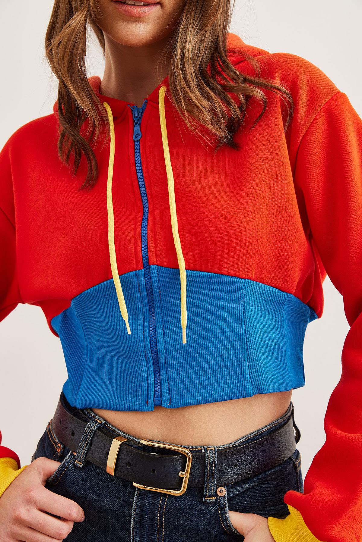 Renk Detaylı Şardonlu Fermuarlı Crop Sweatshirt Turuncu Mavi