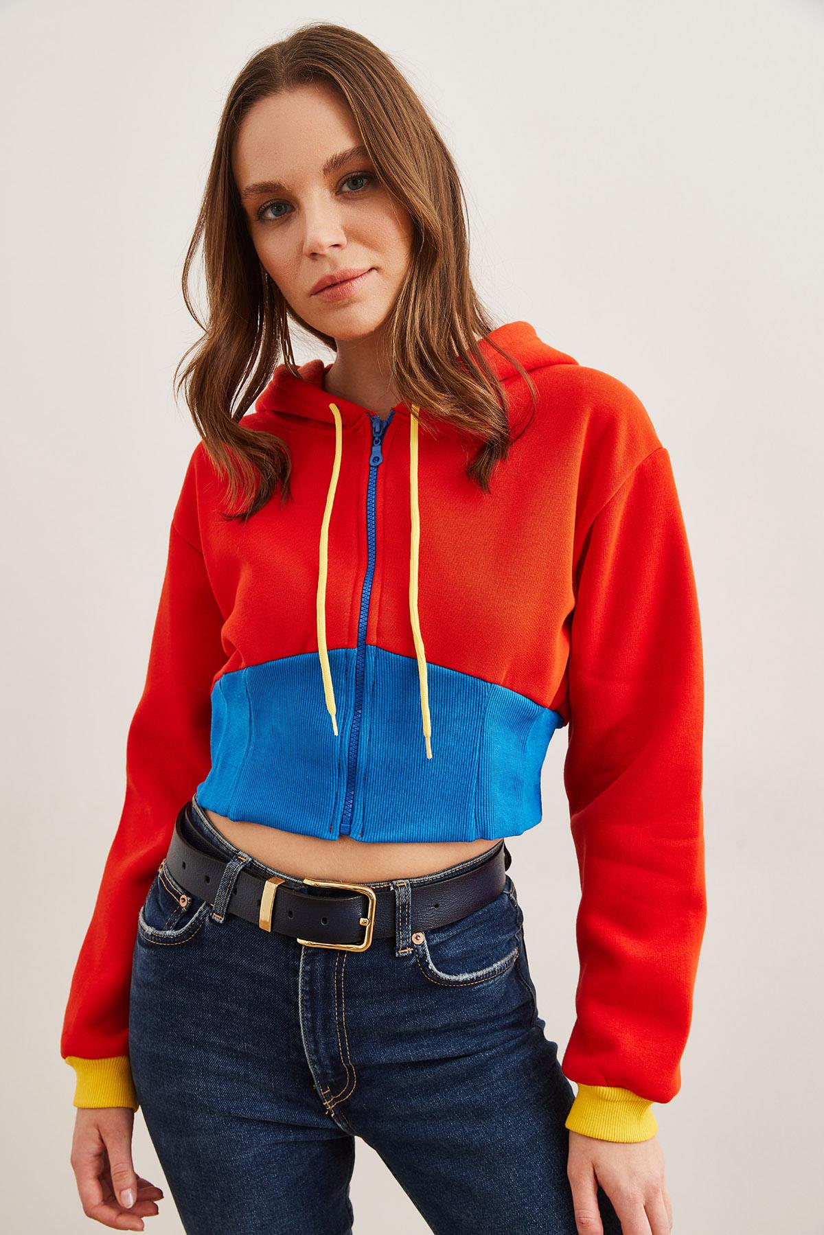 Renk Detaylı Şardonlu Fermuarlı Crop Sweatshirt Turuncu Mavi