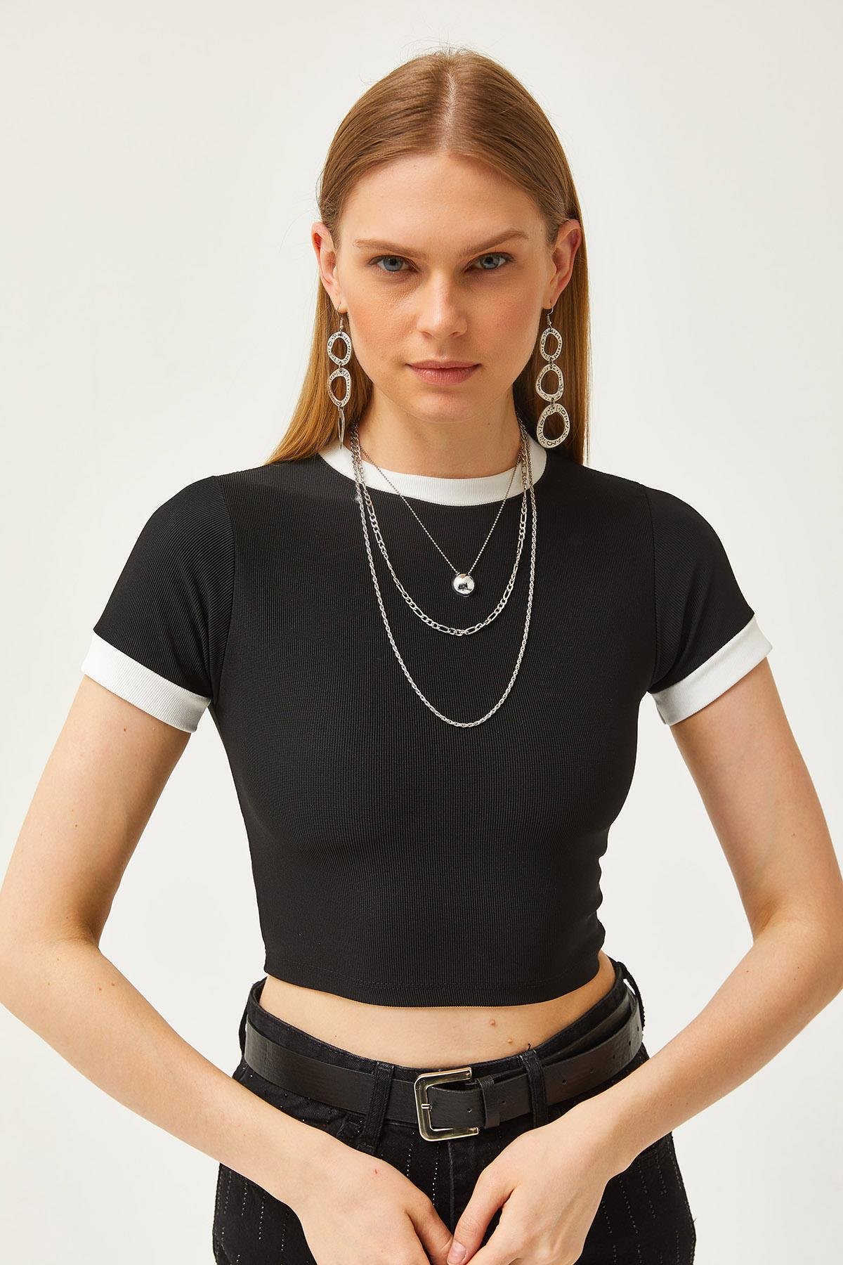Renk Şeritli Likralı Crop Ottoman Bluz Siyah