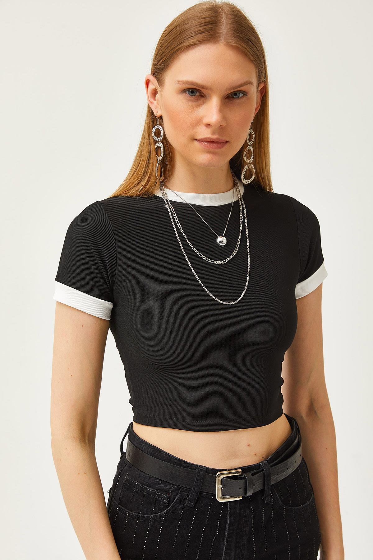Renk Şeritli Likralı Crop Ottoman Bluz Siyah