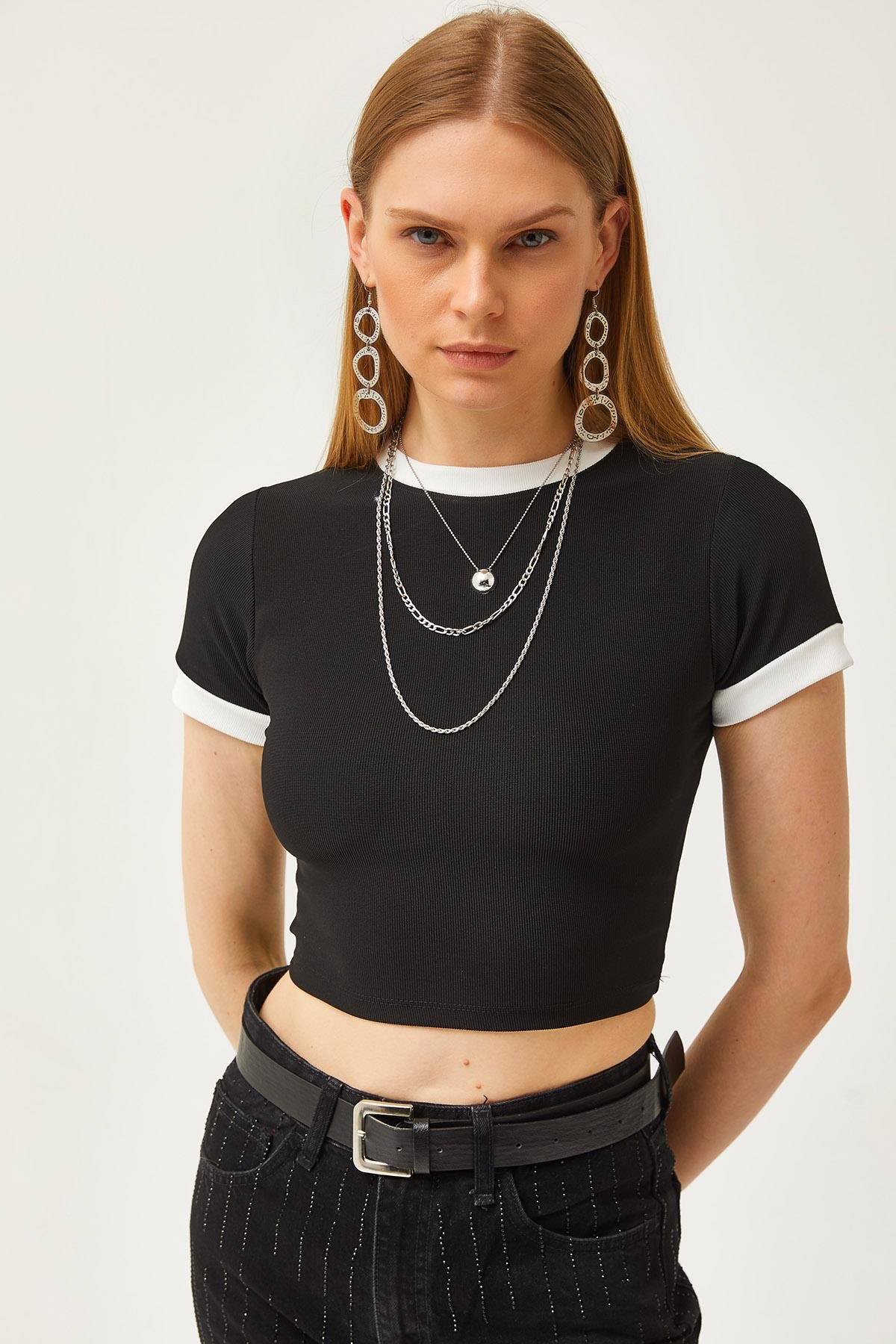 Renk Şeritli Likralı Crop Ottoman Bluz Siyah