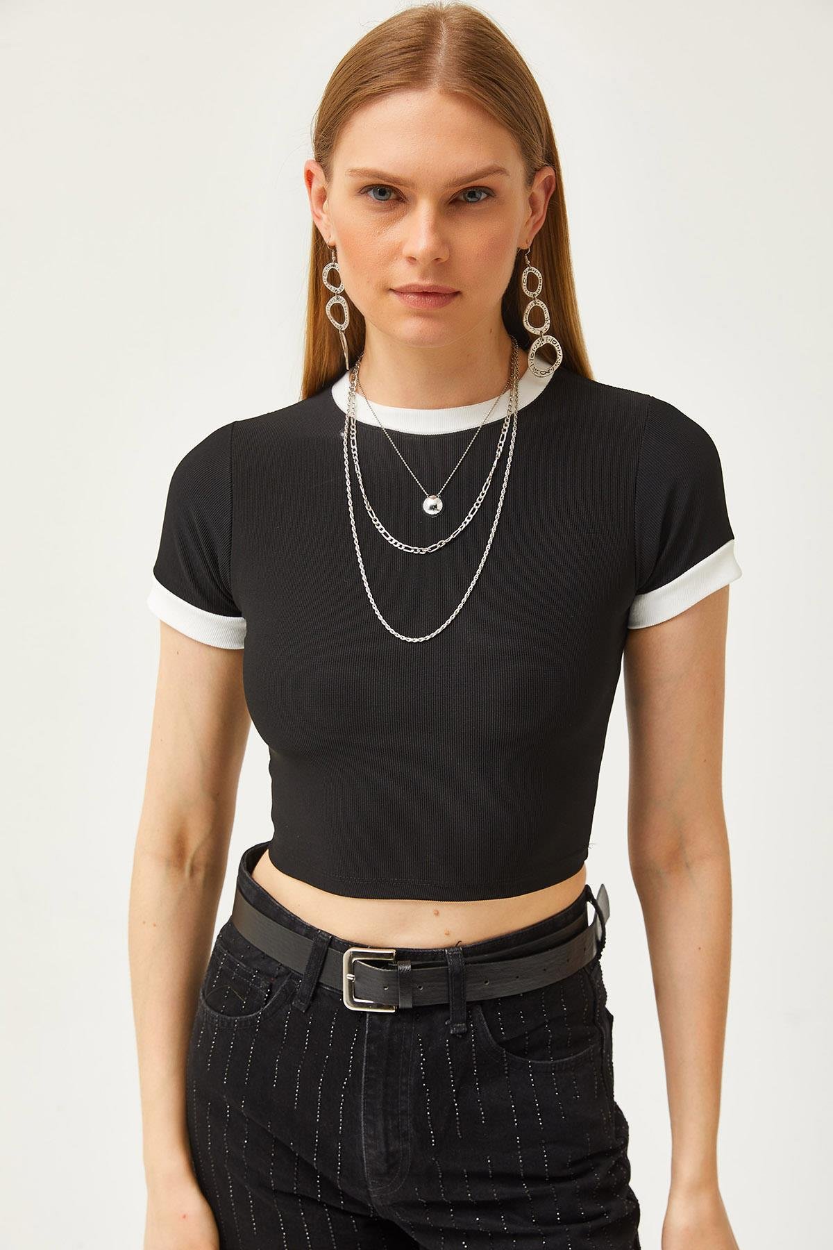 Renk Şeritli Likralı Crop Ottoman Bluz Siyah