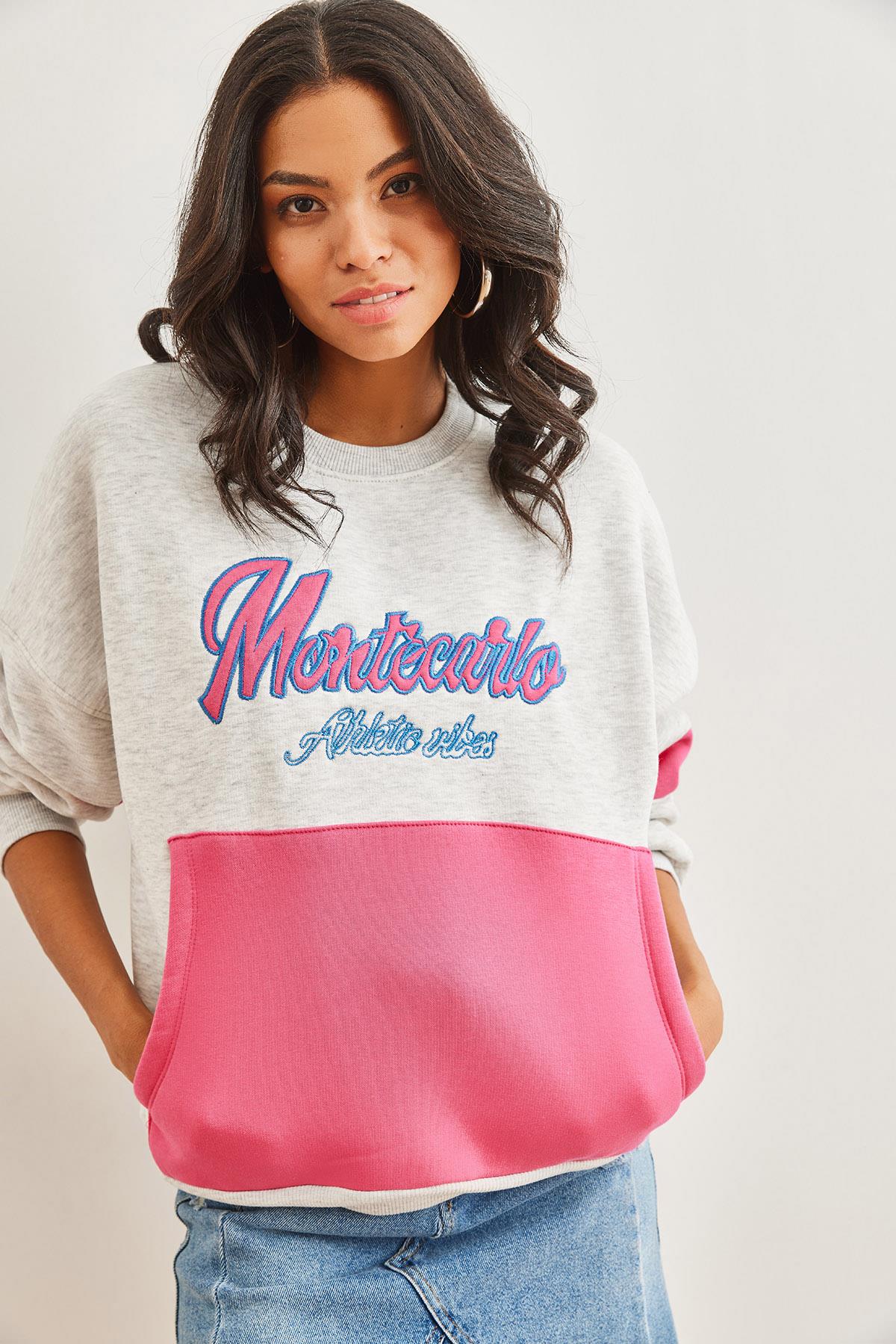Renkli Kanguru Cepli Şardonlu Sweatshirt Gri Melanj