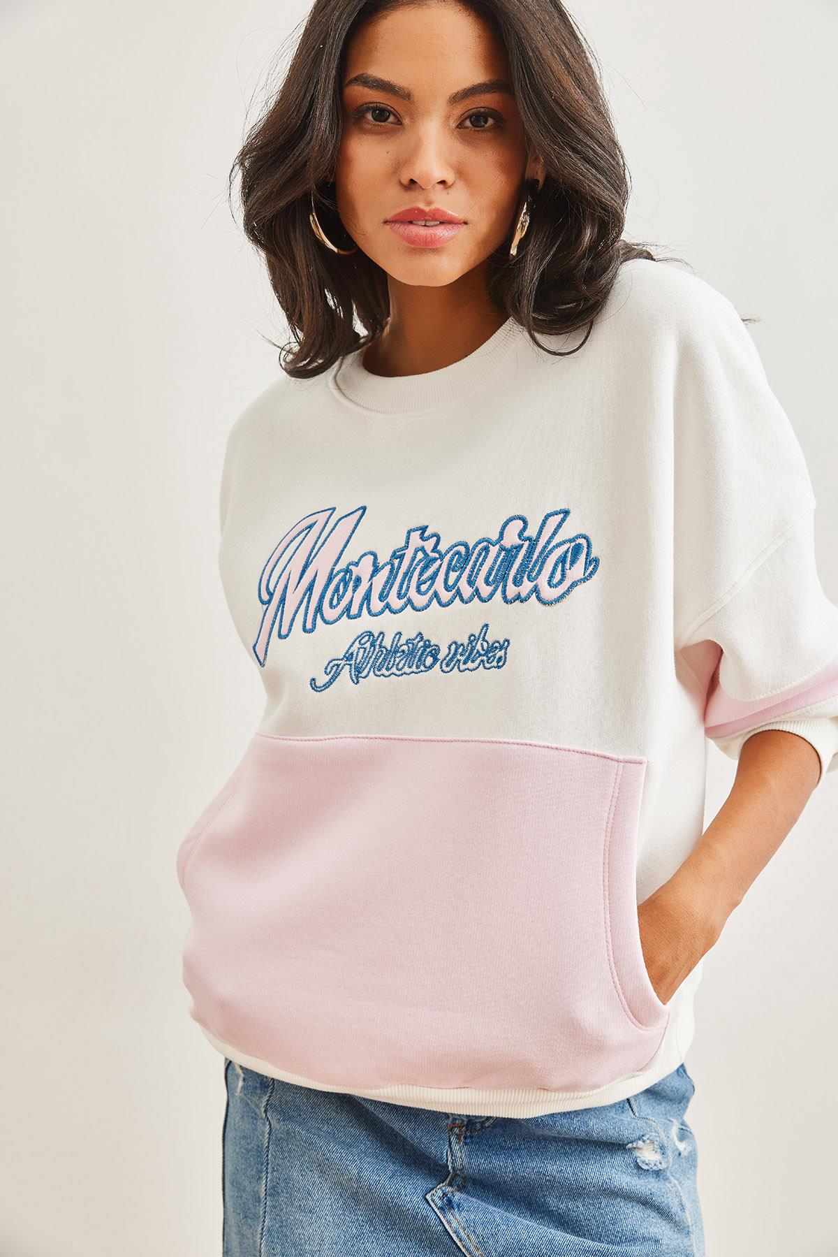 Renkli Kanguru Cepli Şardonlu Sweatshirt Ekru