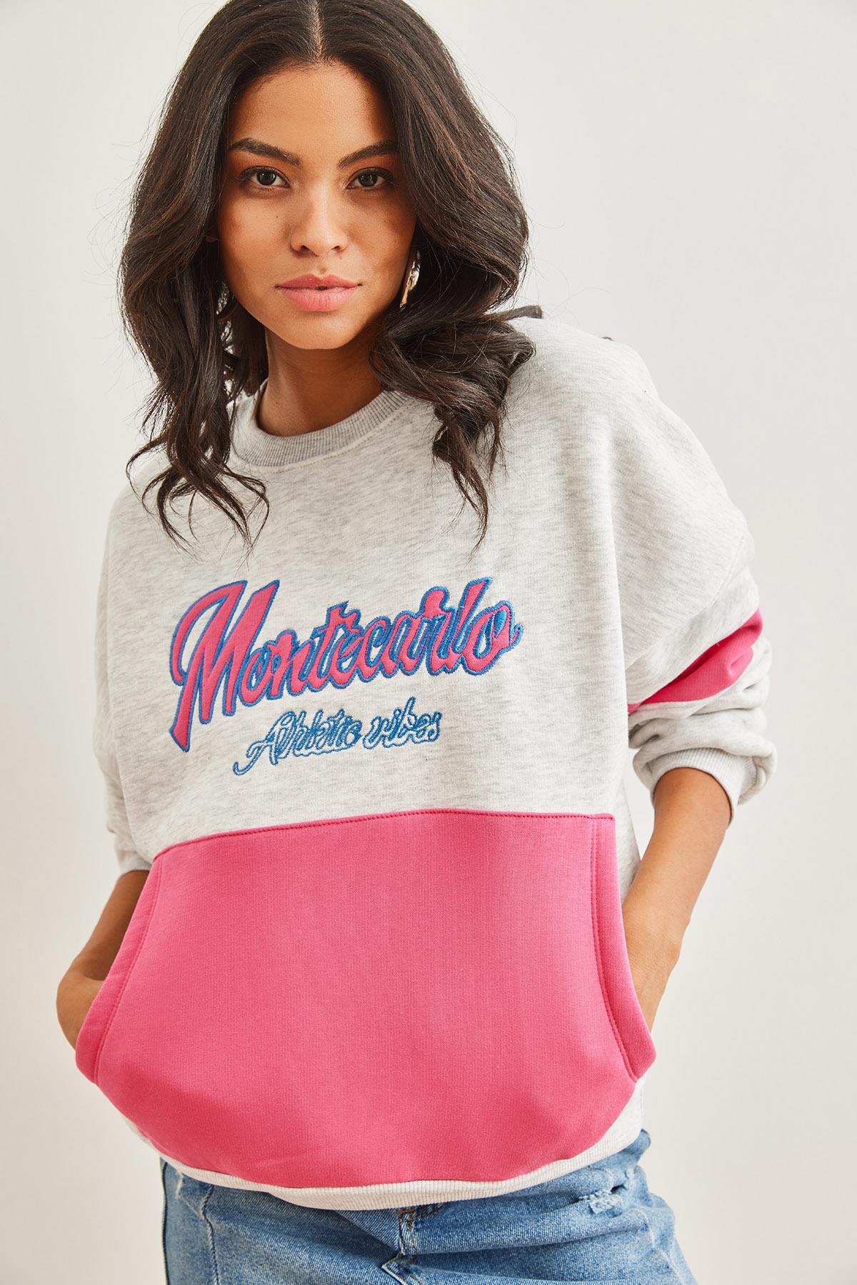 Renkli Kanguru Cepli Şardonlu Sweatshirt Gri Melanj