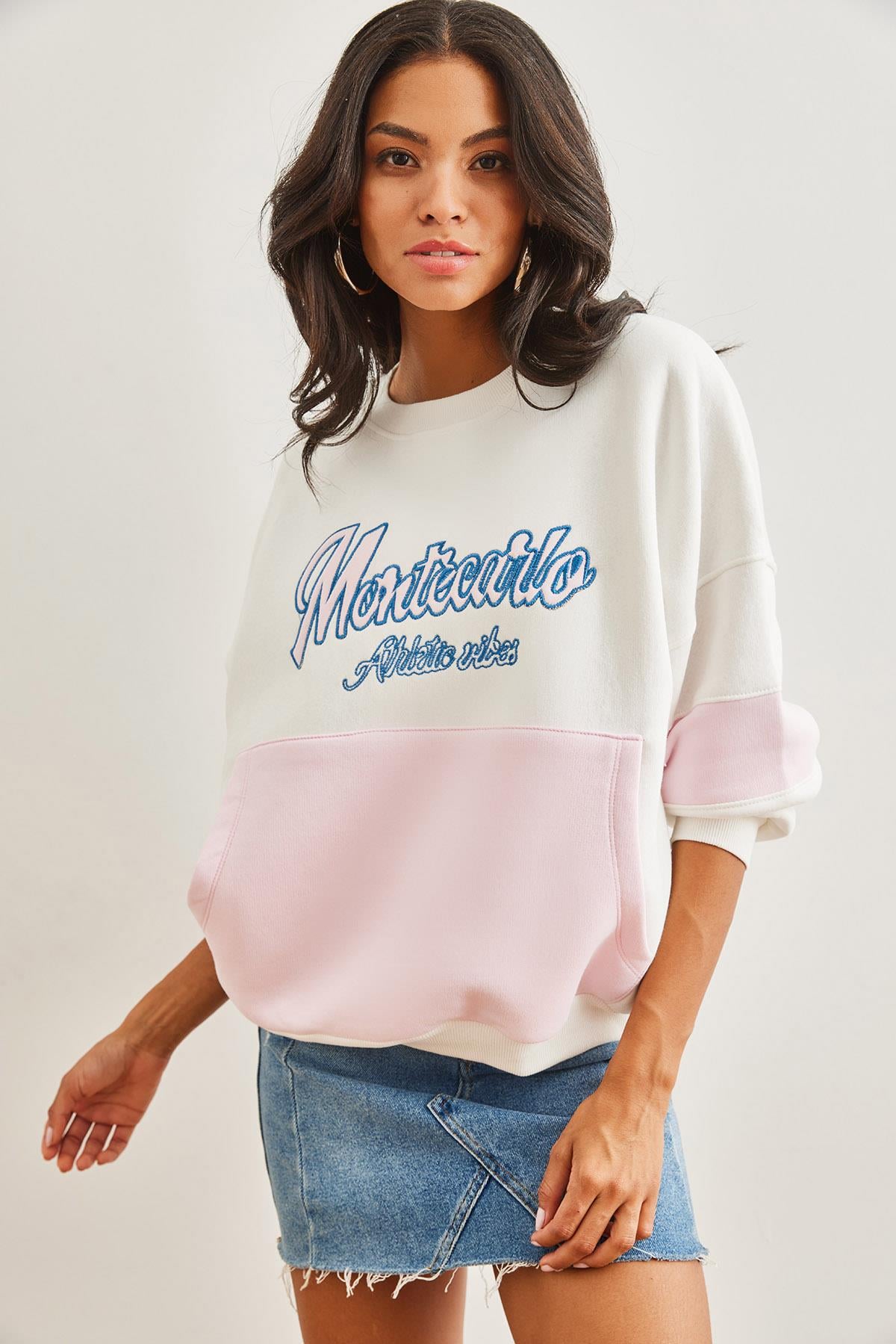 Renkli Kanguru Cepli Şardonlu Sweatshirt Ekru